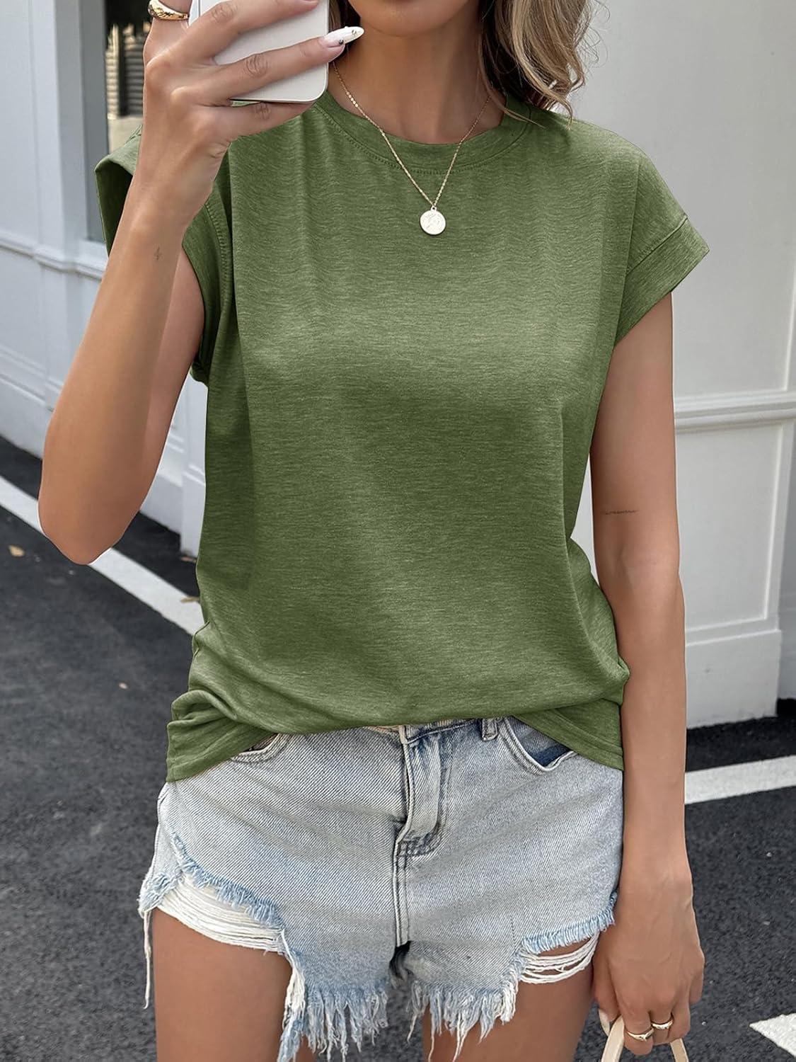 imageTankaneo Womens Short Cap Sleeve Tops Crew Neck Loose Fit T Shirt Basic Casual Sleeveless Tee ShirtsArmy Green