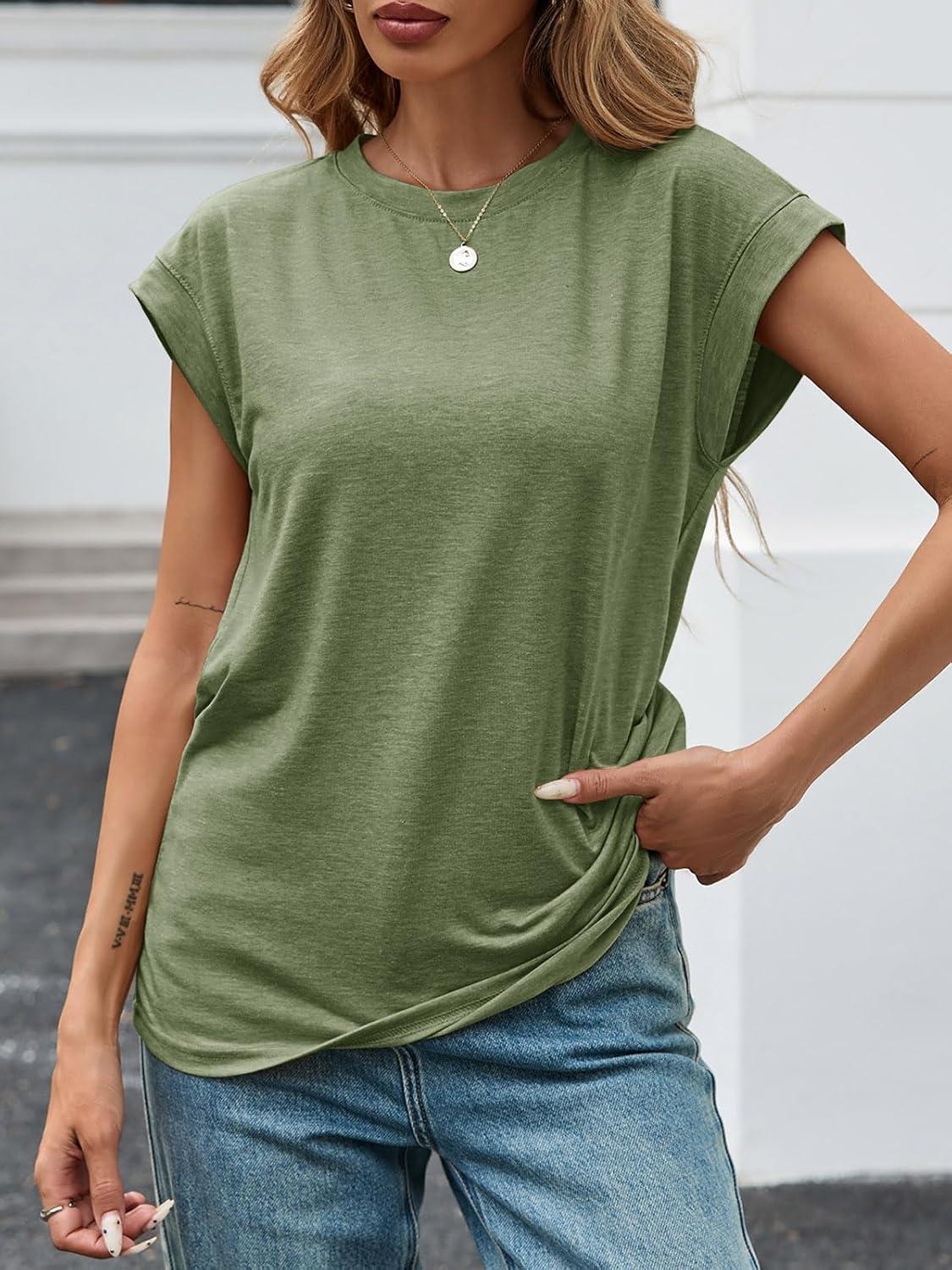 imageTankaneo Womens Short Cap Sleeve Tops Crew Neck Loose Fit T Shirt Basic Casual Sleeveless Tee ShirtsArmy Green
