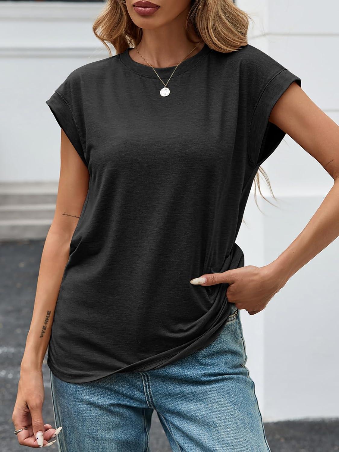 imageTankaneo Womens Short Cap Sleeve Tops Crew Neck Loose Fit T Shirt Basic Casual Sleeveless Tee ShirtsBlack