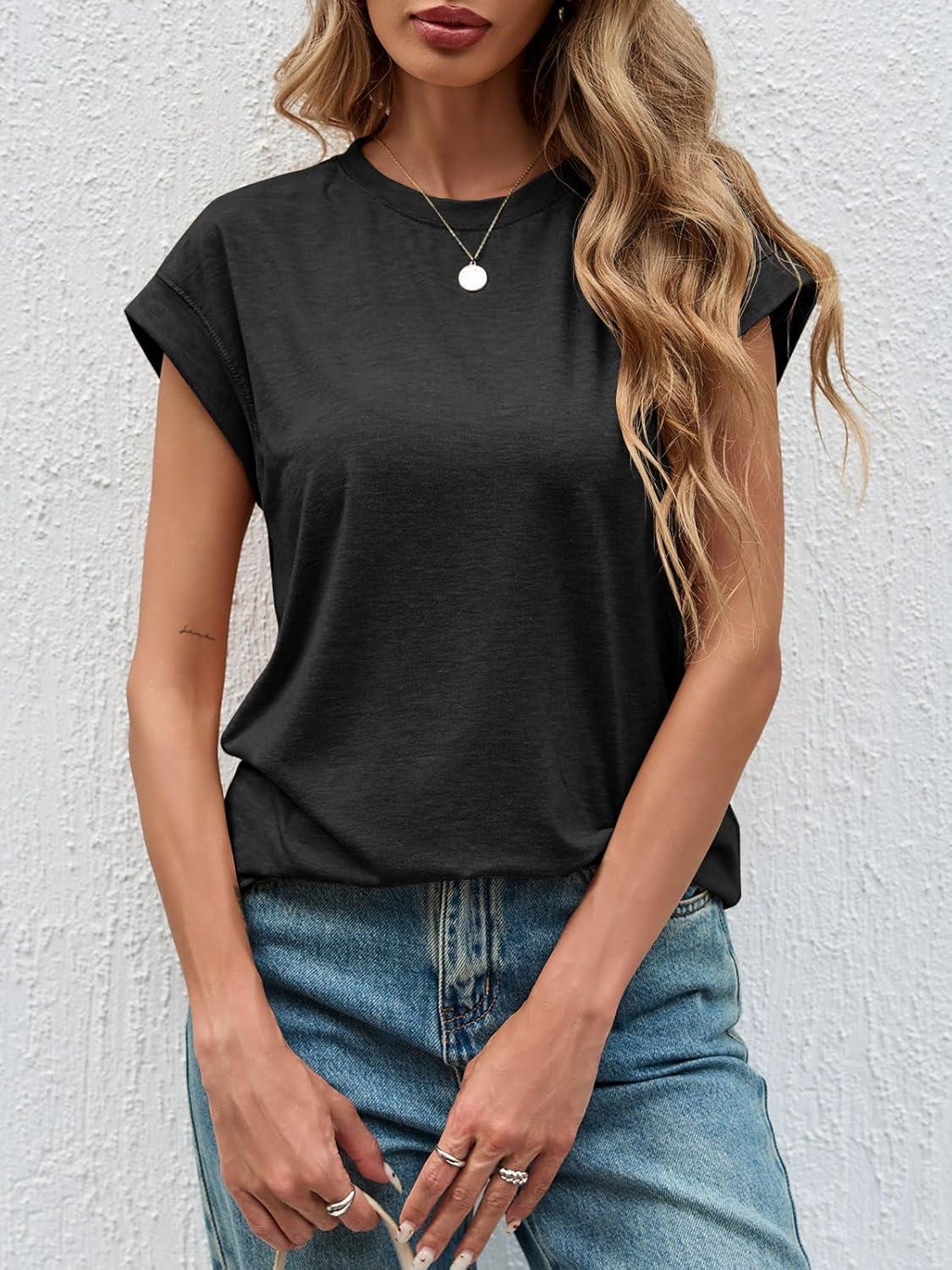 imageTankaneo Womens Short Cap Sleeve Tops Crew Neck Loose Fit T Shirt Basic Casual Sleeveless Tee ShirtsBlack