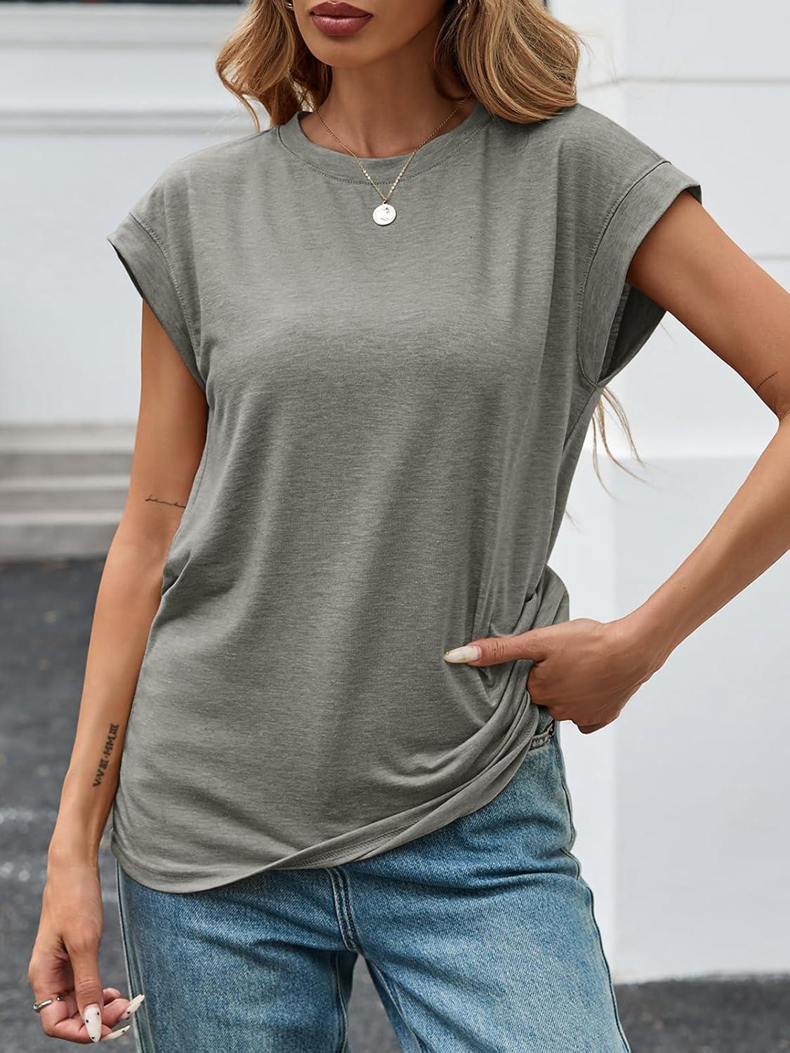 imageTankaneo Womens Short Cap Sleeve Tops Crew Neck Loose Fit T Shirt Basic Casual Sleeveless Tee ShirtsGrey