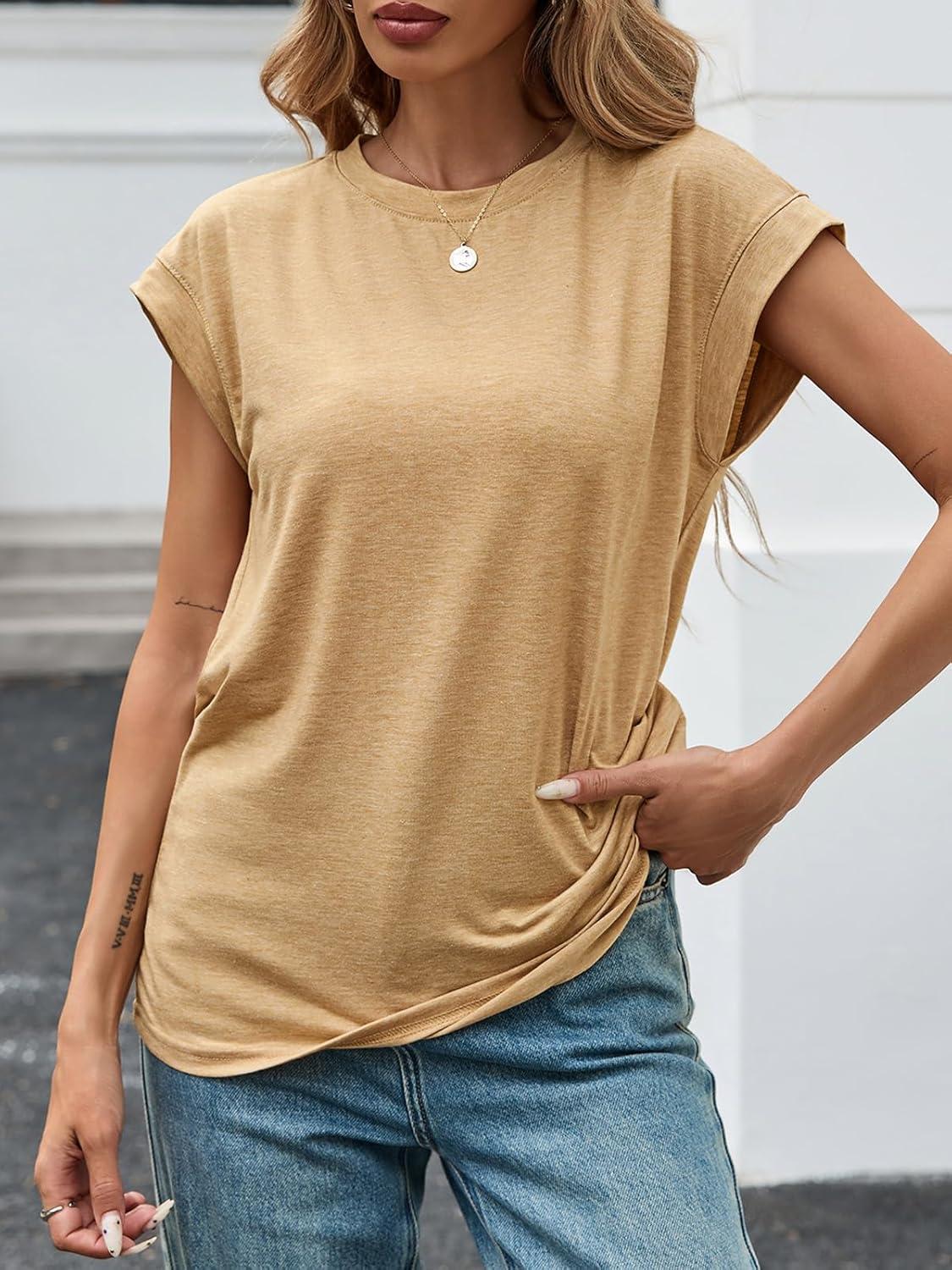 imageTankaneo Womens Short Cap Sleeve Tops Crew Neck Loose Fit T Shirt Basic Casual Sleeveless Tee ShirtsKhaki