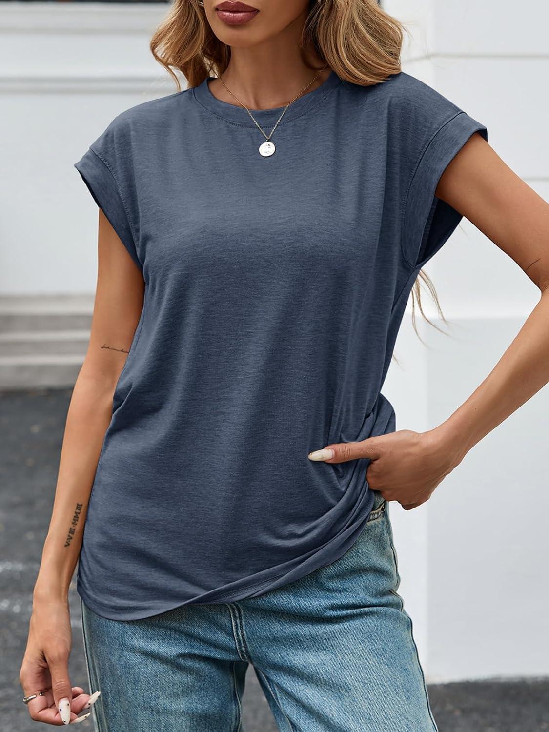 imageTankaneo Womens Short Cap Sleeve Tops Crew Neck Loose Fit T Shirt Basic Casual Sleeveless Tee ShirtsNavy Blue