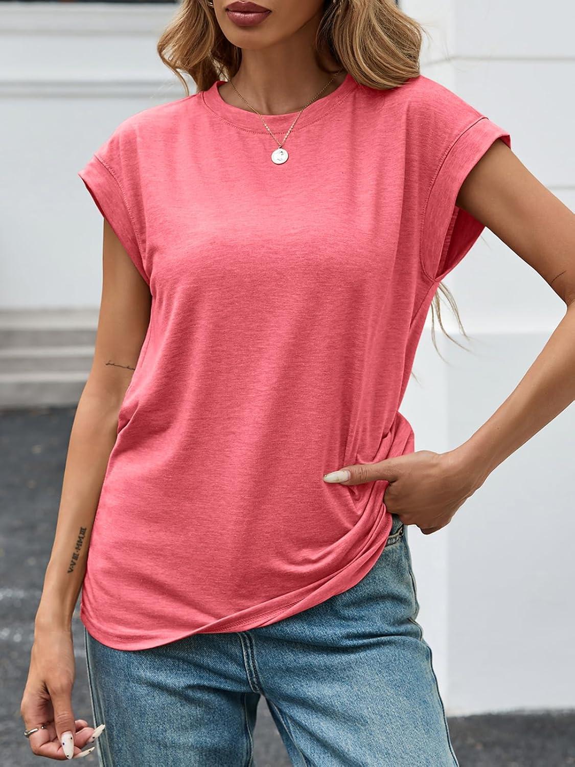 imageTankaneo Womens Short Cap Sleeve Tops Crew Neck Loose Fit T Shirt Basic Casual Sleeveless Tee ShirtsWatermelon Red