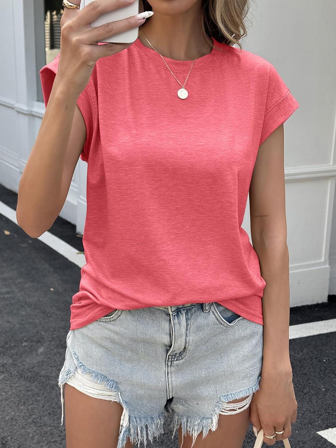 imageTankaneo Womens Short Cap Sleeve Tops Crew Neck Loose Fit T Shirt Basic Casual Sleeveless Tee ShirtsWatermelon Red