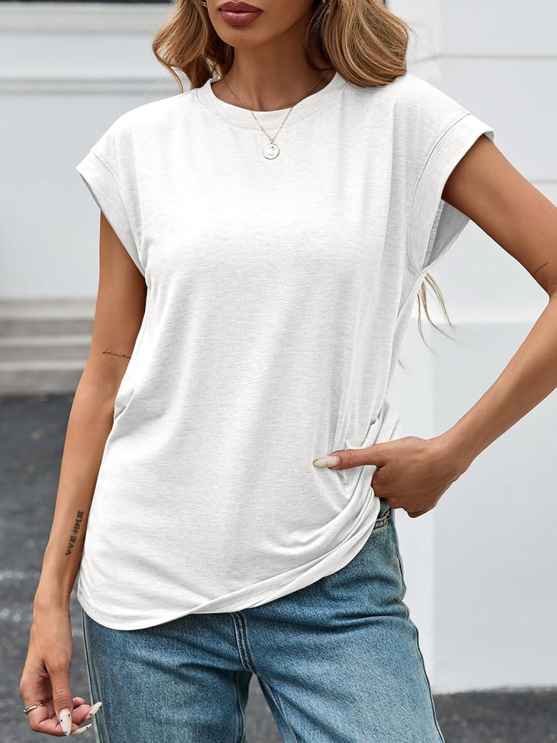 imageTankaneo Womens Short Cap Sleeve Tops Crew Neck Loose Fit T Shirt Basic Casual Sleeveless Tee ShirtsWhite