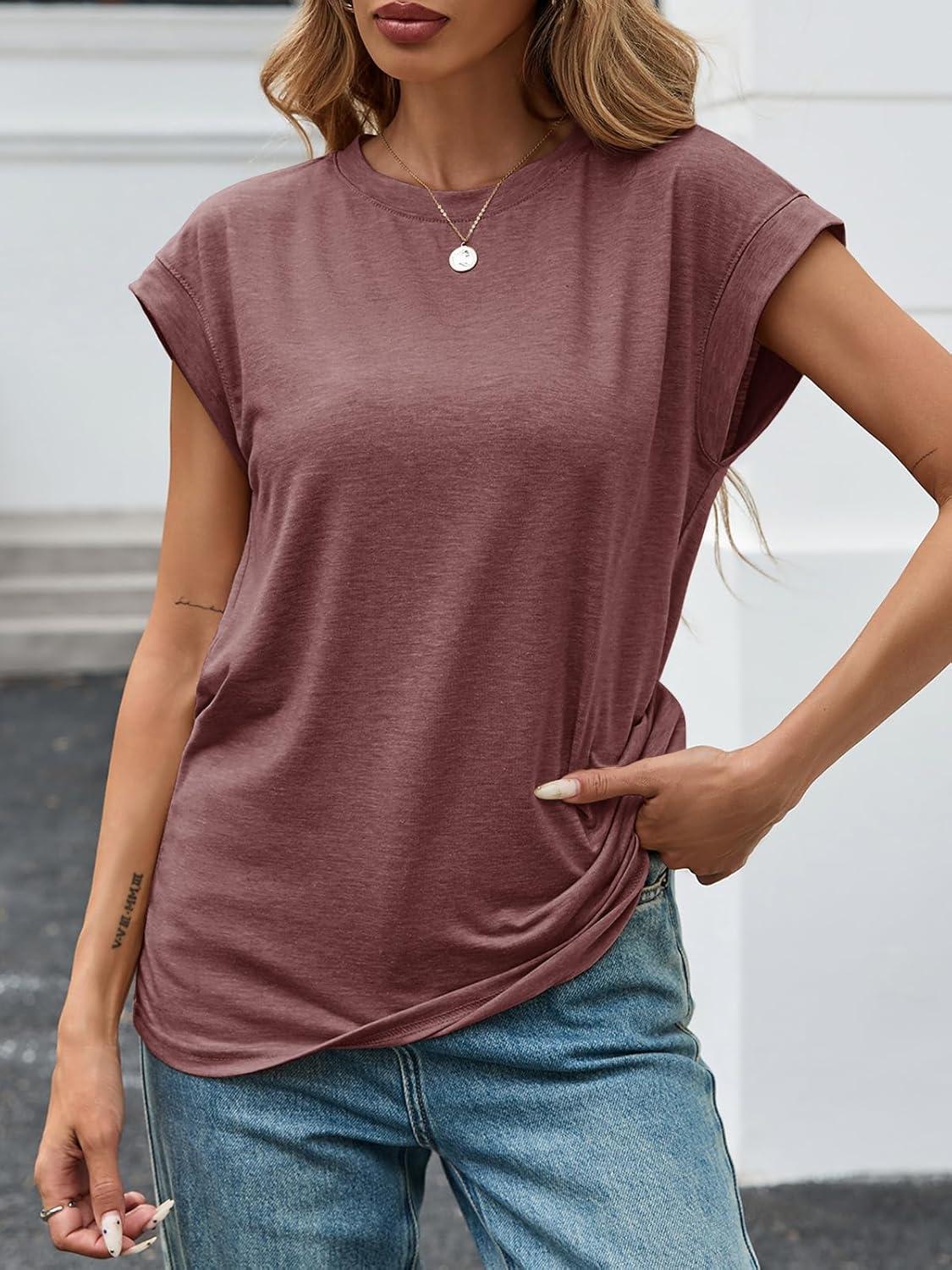 imageTankaneo Womens Short Cap Sleeve Tops Crew Neck Loose Fit T Shirt Basic Casual Sleeveless Tee ShirtsWine Red