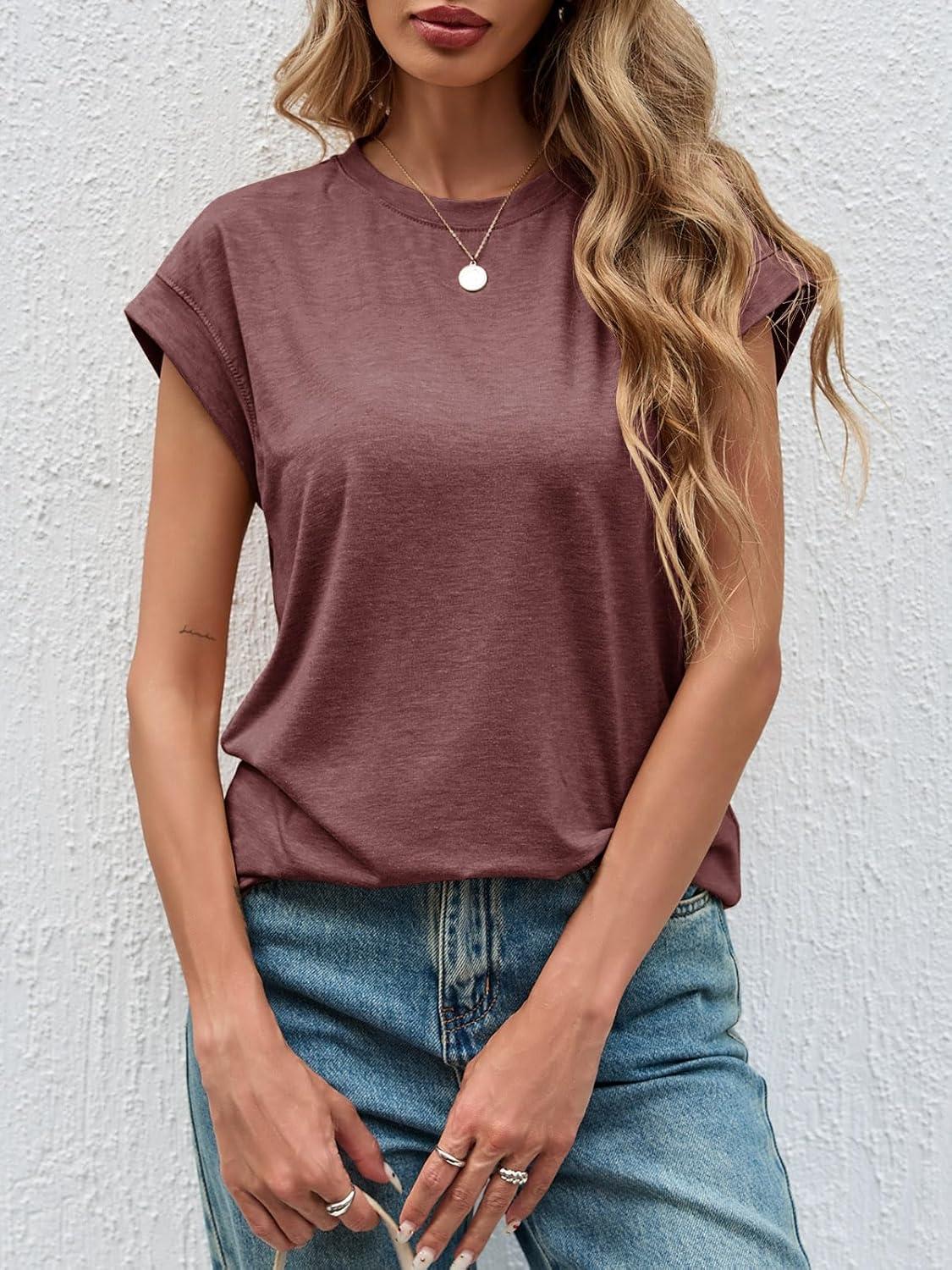 imageTankaneo Womens Short Cap Sleeve Tops Crew Neck Loose Fit T Shirt Basic Casual Sleeveless Tee ShirtsWine Red