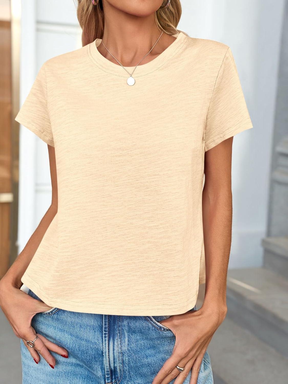 imageTankaneo Womens Short Sleeve Tops Cropped Crew Neck Tshirts Casual Summer Cotton Boxy Tee ShirtsBeige