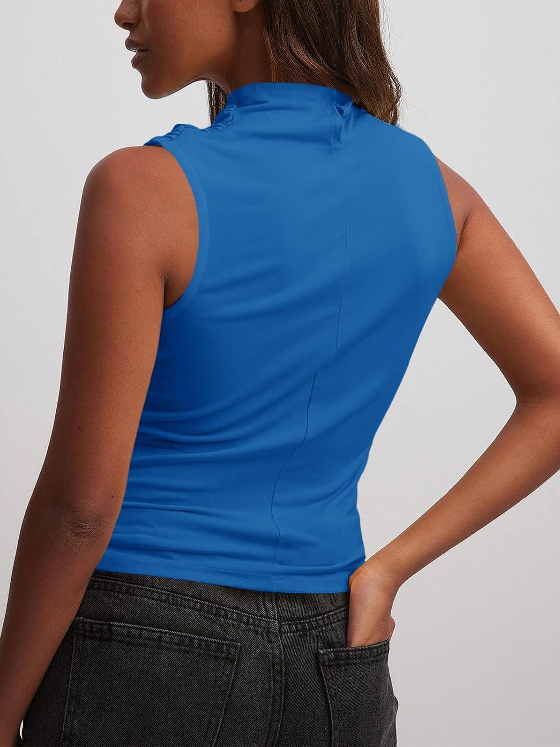 imageTankaneo Womens Sleeveless Tank Tops Slim Fitted Mock Neck Draped Stretchy Summer Casual Ruched TopsBlue