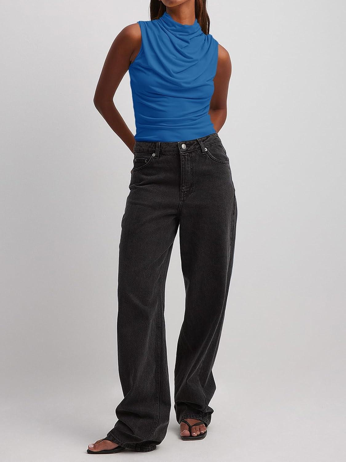 imageTankaneo Womens Sleeveless Tank Tops Slim Fitted Mock Neck Draped Stretchy Summer Casual Ruched TopsBlue