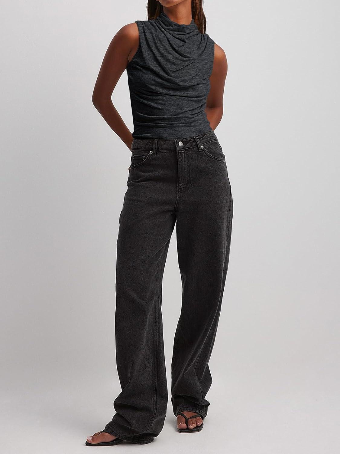 imageTankaneo Womens Sleeveless Tank Tops Slim Fitted Mock Neck Draped Stretchy Summer Casual Ruched TopsDark Grey