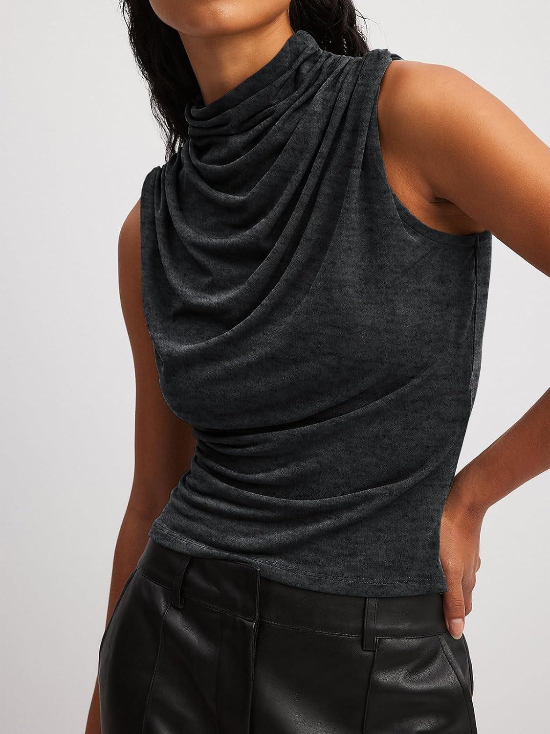 imageTankaneo Womens Sleeveless Tank Tops Slim Fitted Mock Neck Draped Stretchy Summer Casual Ruched TopsDark Grey