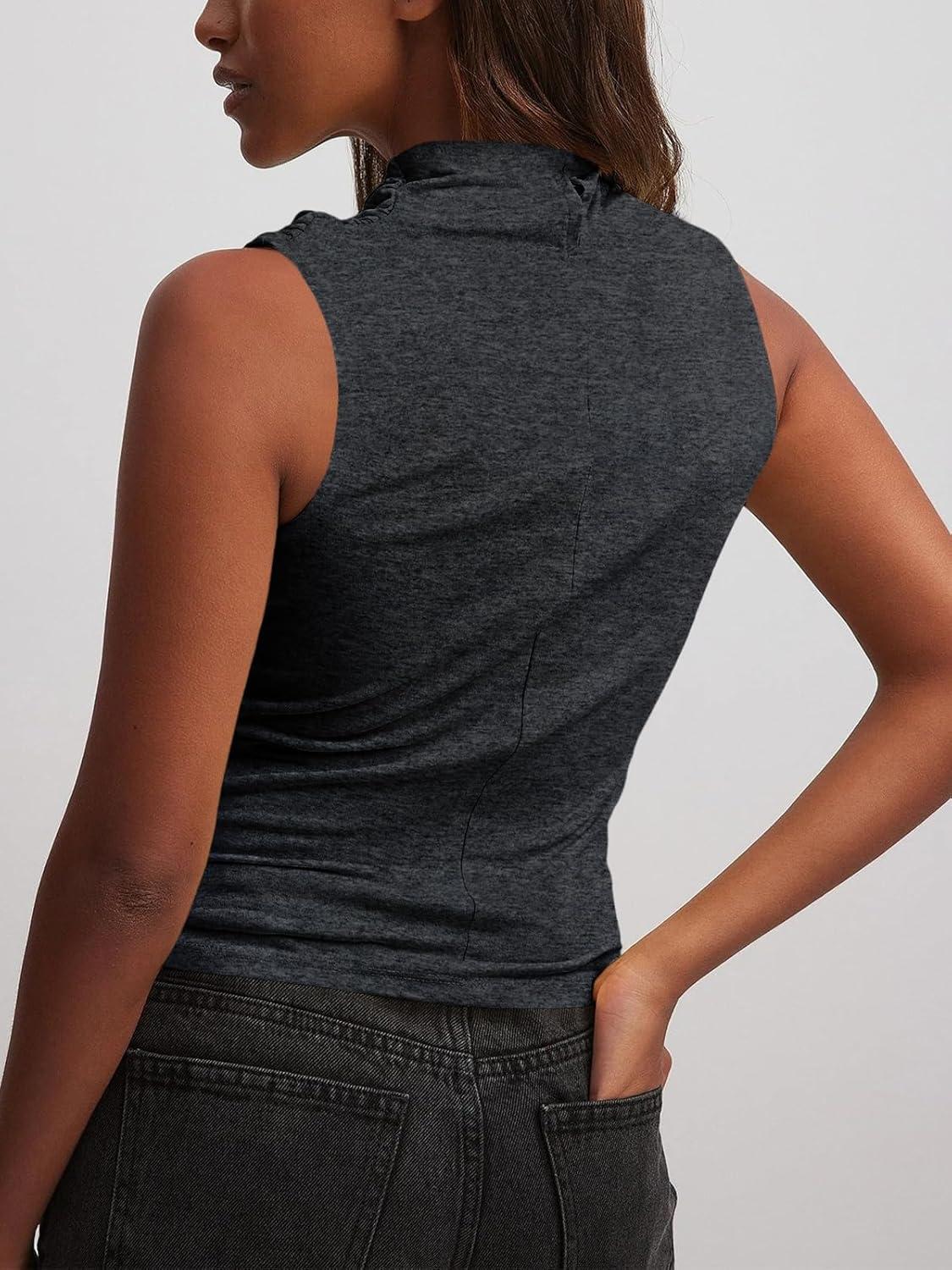 imageTankaneo Womens Sleeveless Tank Tops Slim Fitted Mock Neck Draped Stretchy Summer Casual Ruched TopsDark Grey