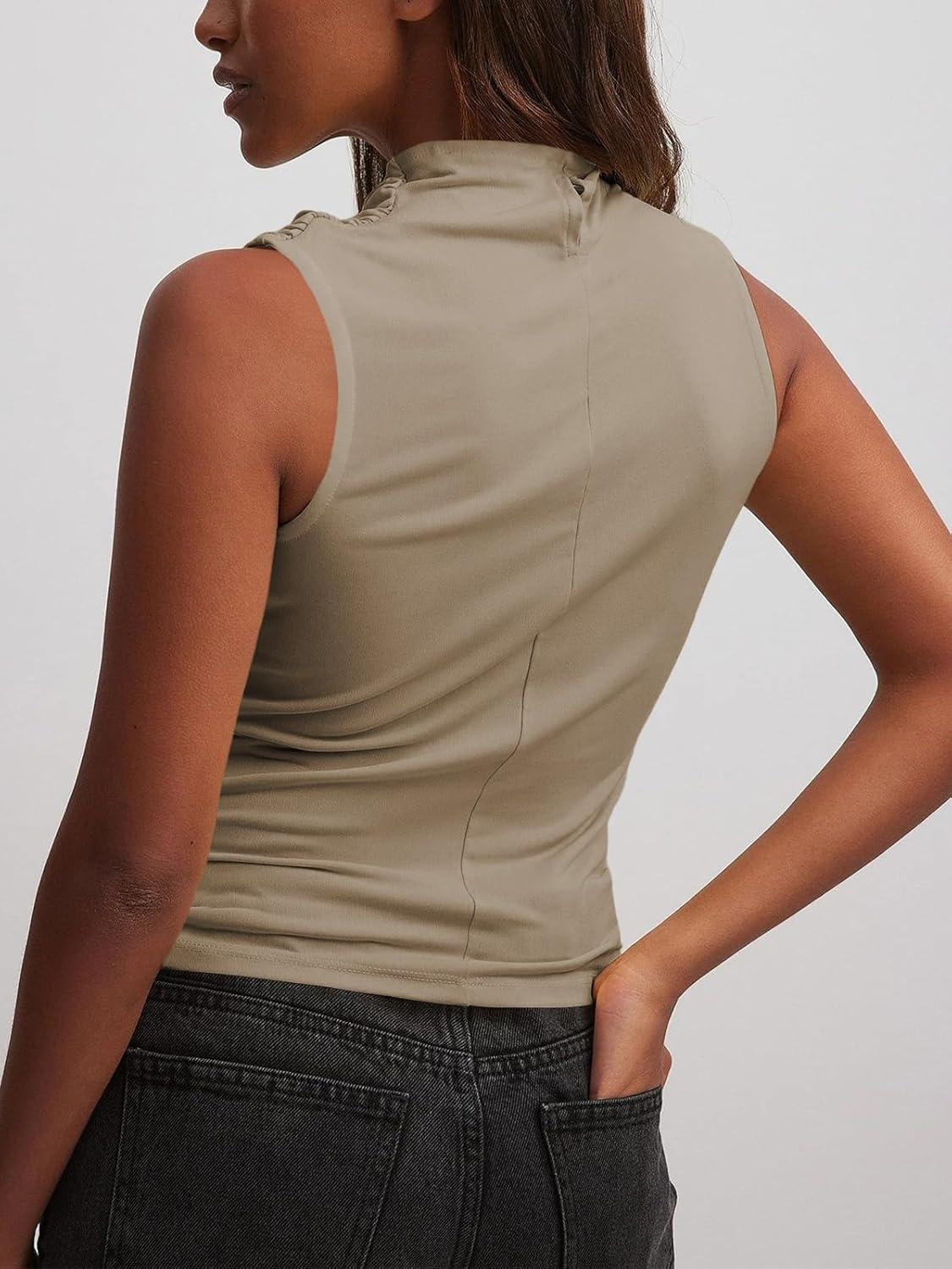 imageTankaneo Womens Sleeveless Tank Tops Slim Fitted Mock Neck Draped Stretchy Summer Casual Ruched TopsKhaki