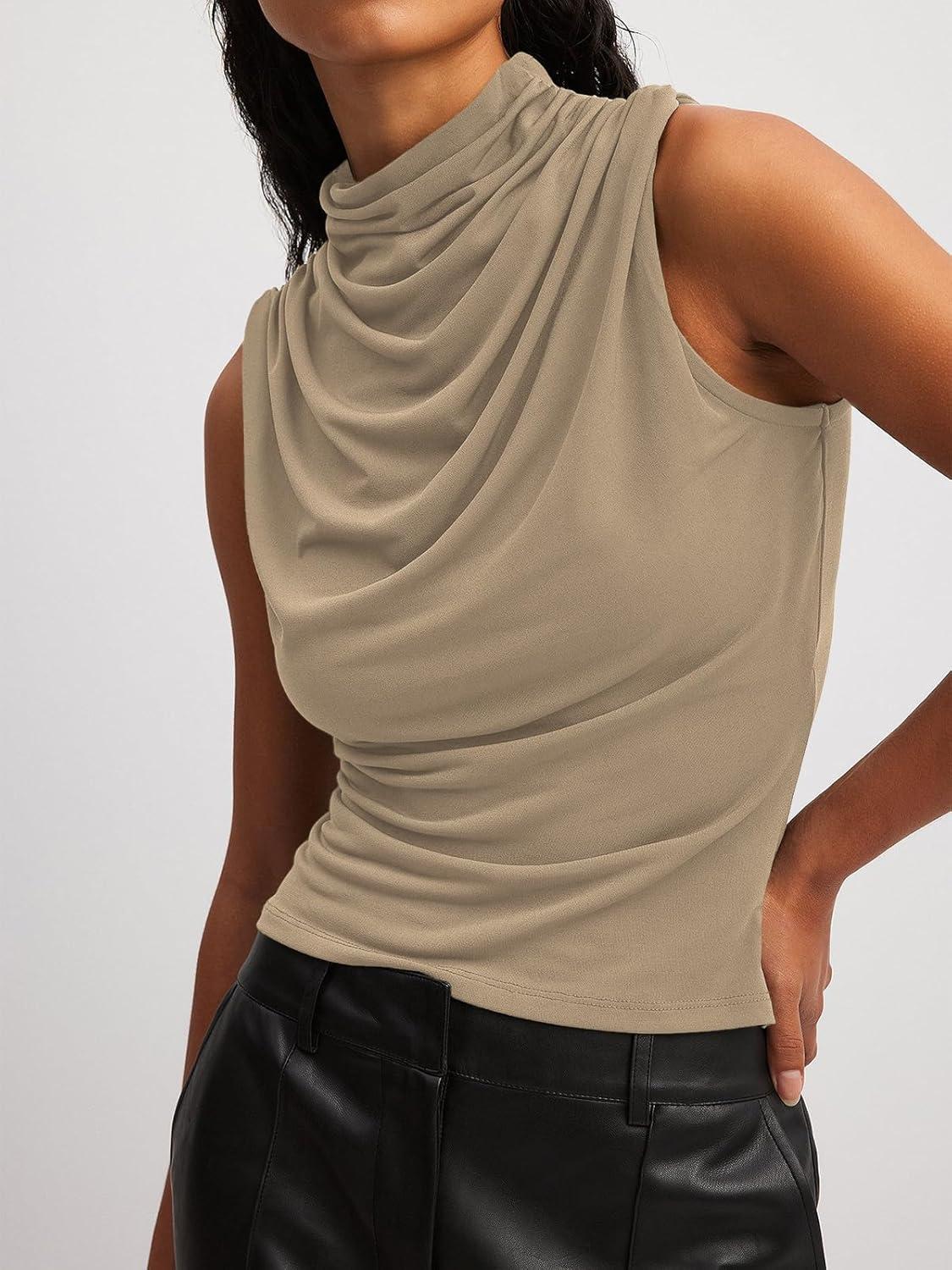 imageTankaneo Womens Sleeveless Tank Tops Slim Fitted Mock Neck Draped Stretchy Summer Casual Ruched TopsKhaki