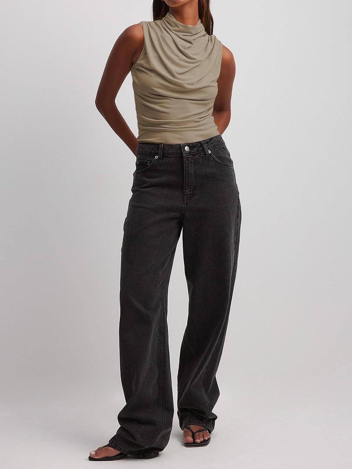 imageTankaneo Womens Sleeveless Tank Tops Slim Fitted Mock Neck Draped Stretchy Summer Casual Ruched TopsKhaki