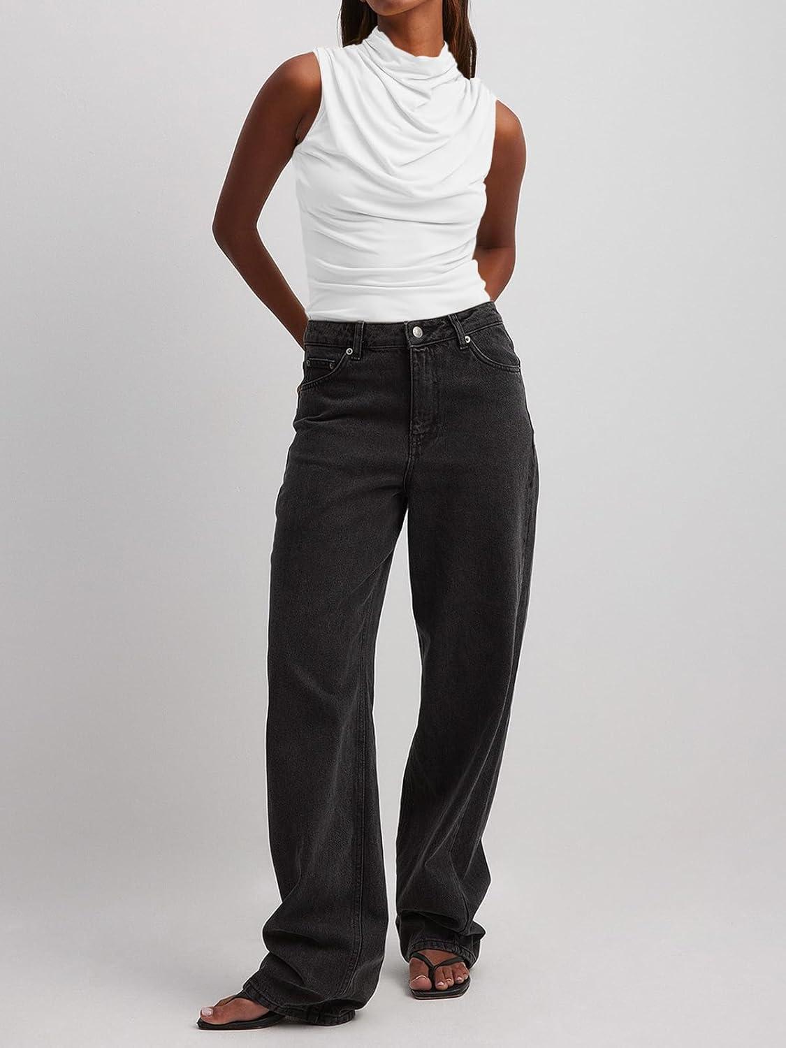 imageTankaneo Womens Sleeveless Tank Tops Slim Fitted Mock Neck Draped Stretchy Summer Casual Ruched TopsWhite