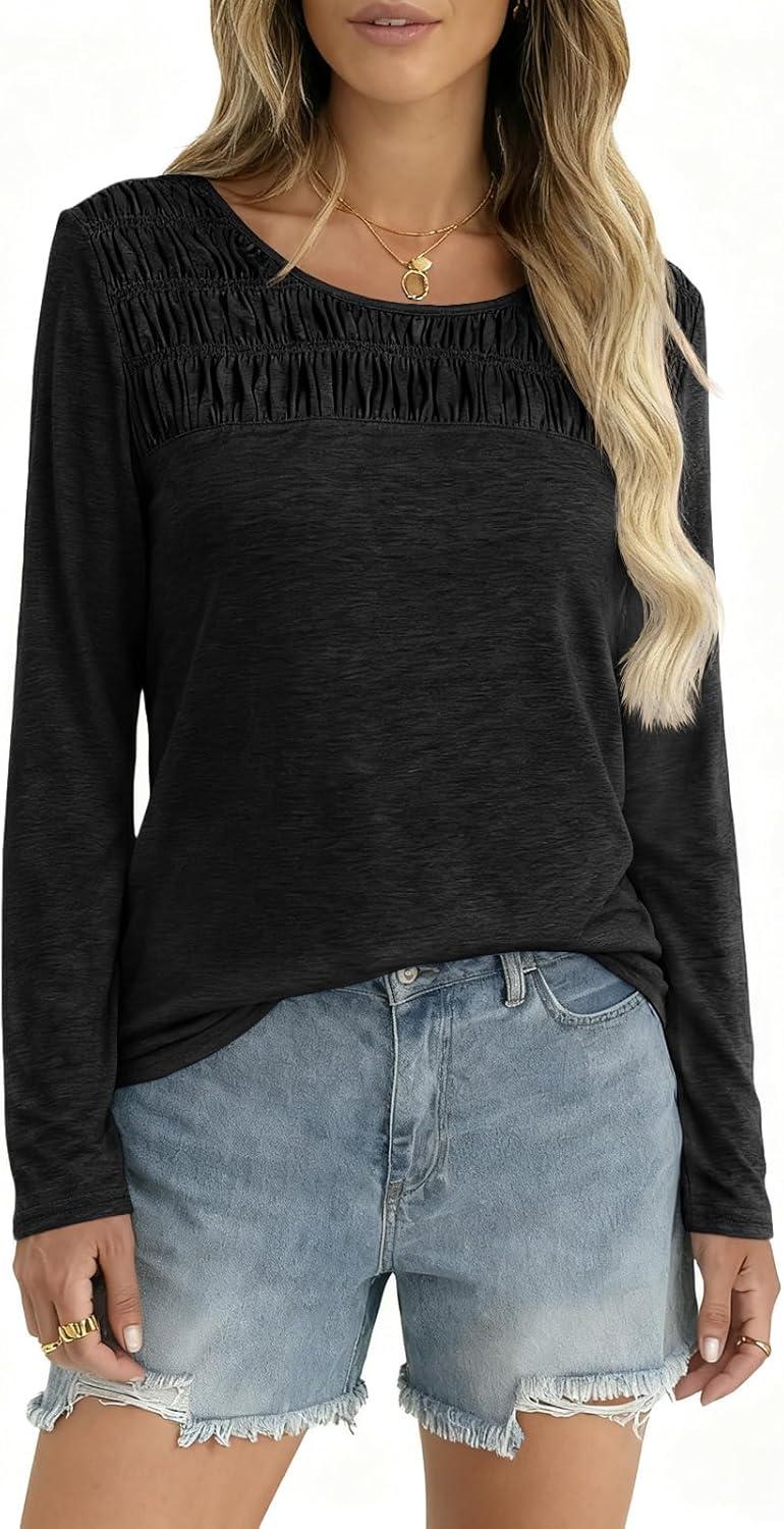 imageTankaneo Womens Smocked Long Sleeve Shirts Casual Crew Neck Curved Hem Tunic Tops Loose Fit Basic TeeBlack