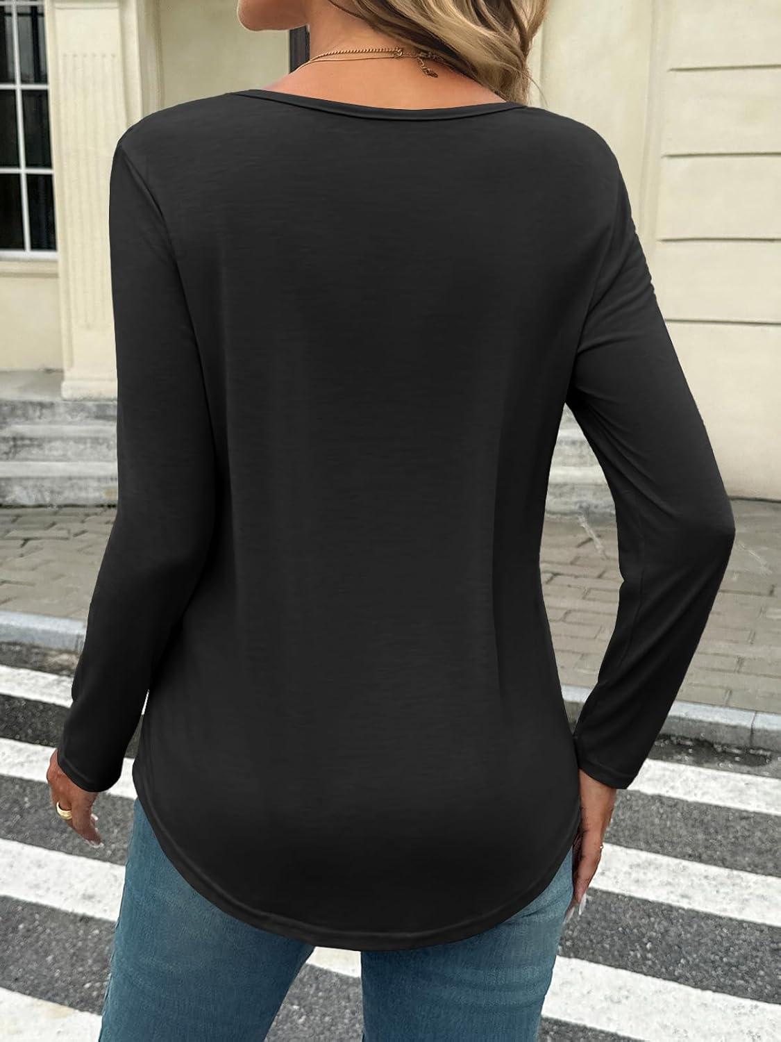 imageTankaneo Womens Smocked Long Sleeve Shirts Casual Crew Neck Curved Hem Tunic Tops Loose Fit Basic TeeBlack