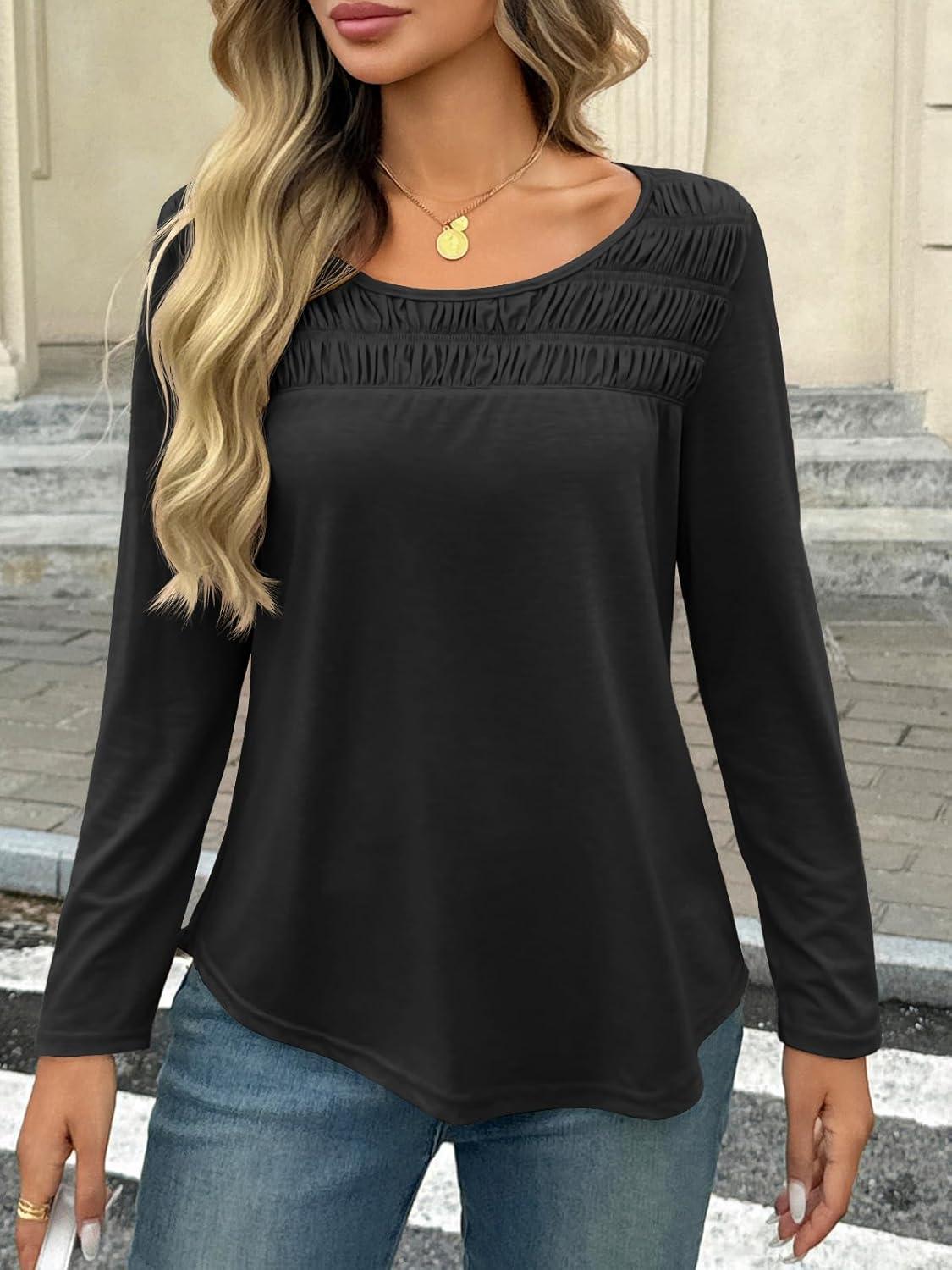 imageTankaneo Womens Smocked Long Sleeve Shirts Casual Crew Neck Curved Hem Tunic Tops Loose Fit Basic TeeBlack