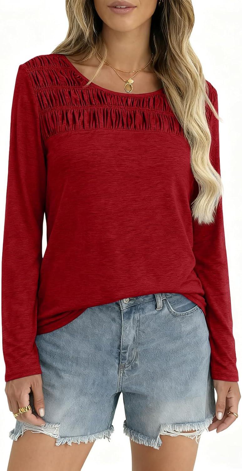 imageTankaneo Womens Smocked Long Sleeve Shirts Casual Crew Neck Curved Hem Tunic Tops Loose Fit Basic TeeBurgundy