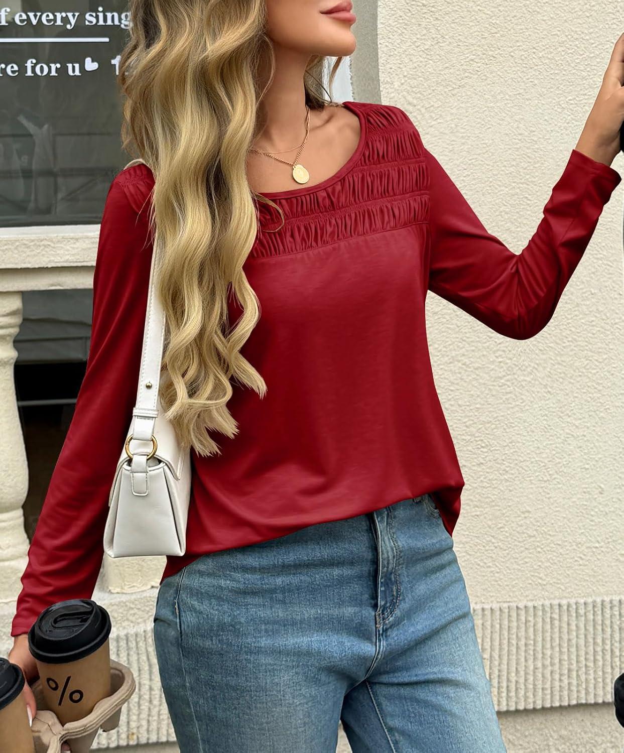 imageTankaneo Womens Smocked Long Sleeve Shirts Casual Crew Neck Curved Hem Tunic Tops Loose Fit Basic TeeBurgundy