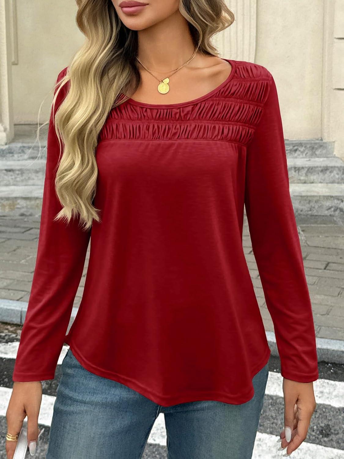 imageTankaneo Womens Smocked Long Sleeve Shirts Casual Crew Neck Curved Hem Tunic Tops Loose Fit Basic TeeBurgundy