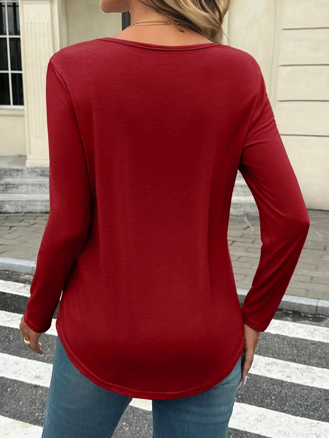 imageTankaneo Womens Smocked Long Sleeve Shirts Casual Crew Neck Curved Hem Tunic Tops Loose Fit Basic TeeBurgundy