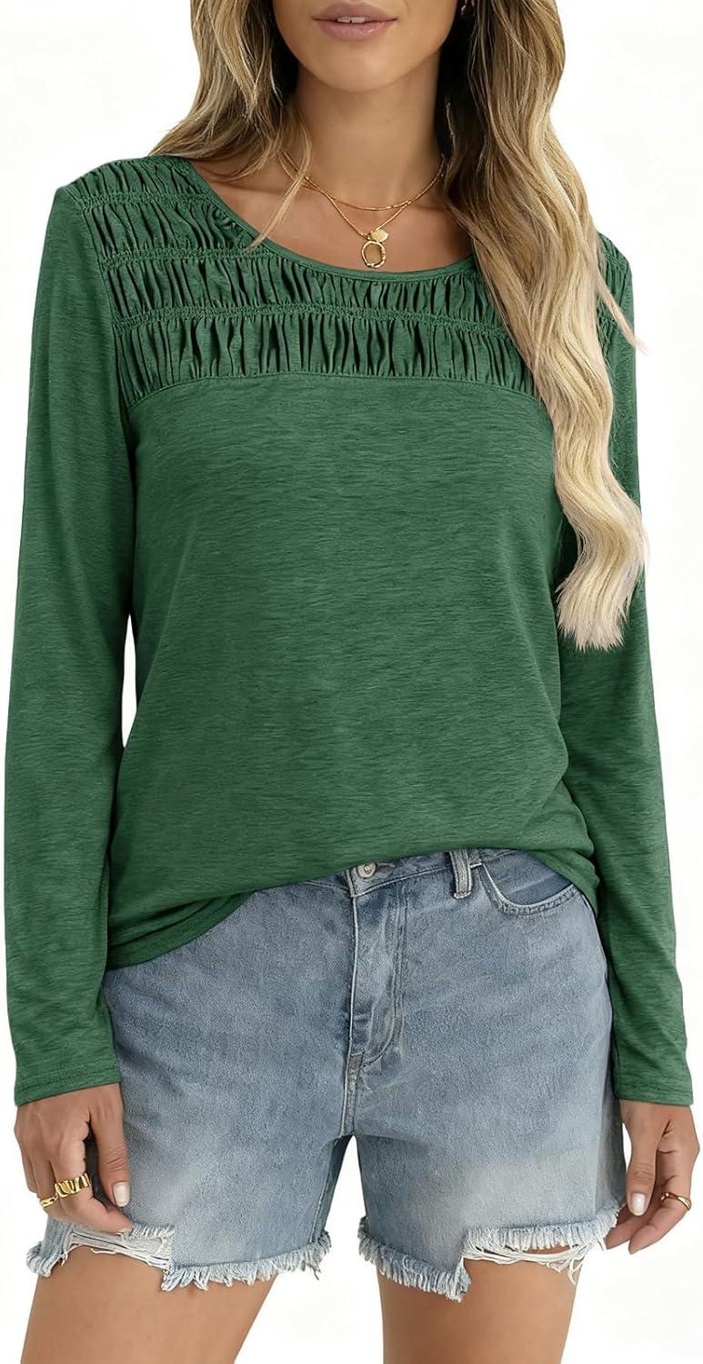 imageTankaneo Womens Smocked Long Sleeve Shirts Casual Crew Neck Curved Hem Tunic Tops Loose Fit Basic TeeDark Green