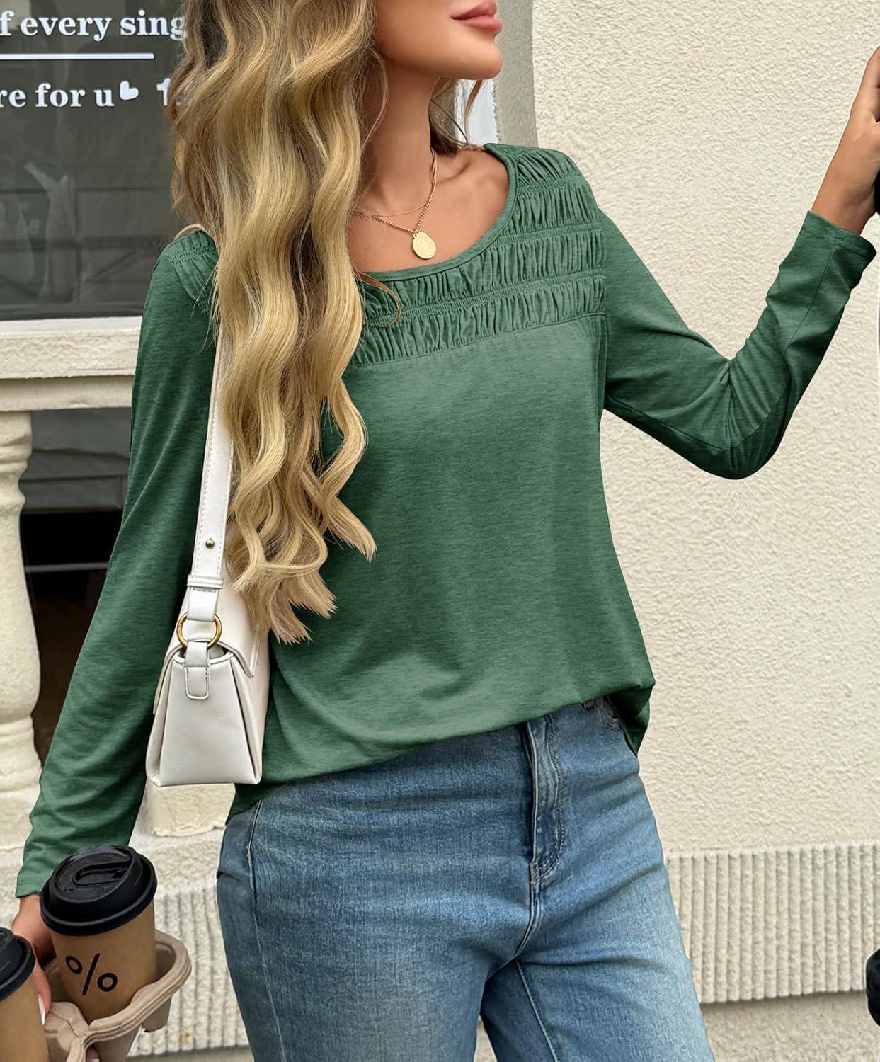 imageTankaneo Womens Smocked Long Sleeve Shirts Casual Crew Neck Curved Hem Tunic Tops Loose Fit Basic TeeDark Green