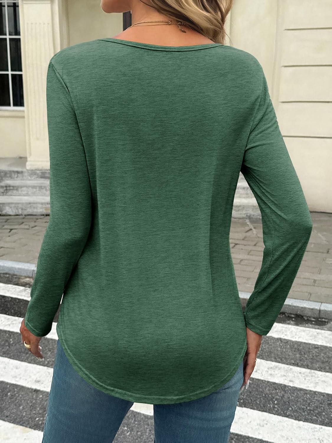 imageTankaneo Womens Smocked Long Sleeve Shirts Casual Crew Neck Curved Hem Tunic Tops Loose Fit Basic TeeDark Green
