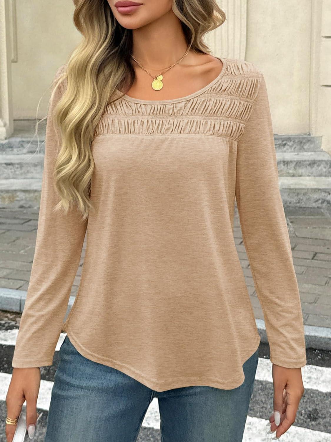 imageTankaneo Womens Smocked Long Sleeve Shirts Casual Crew Neck Curved Hem Tunic Tops Loose Fit Basic TeeKhaki