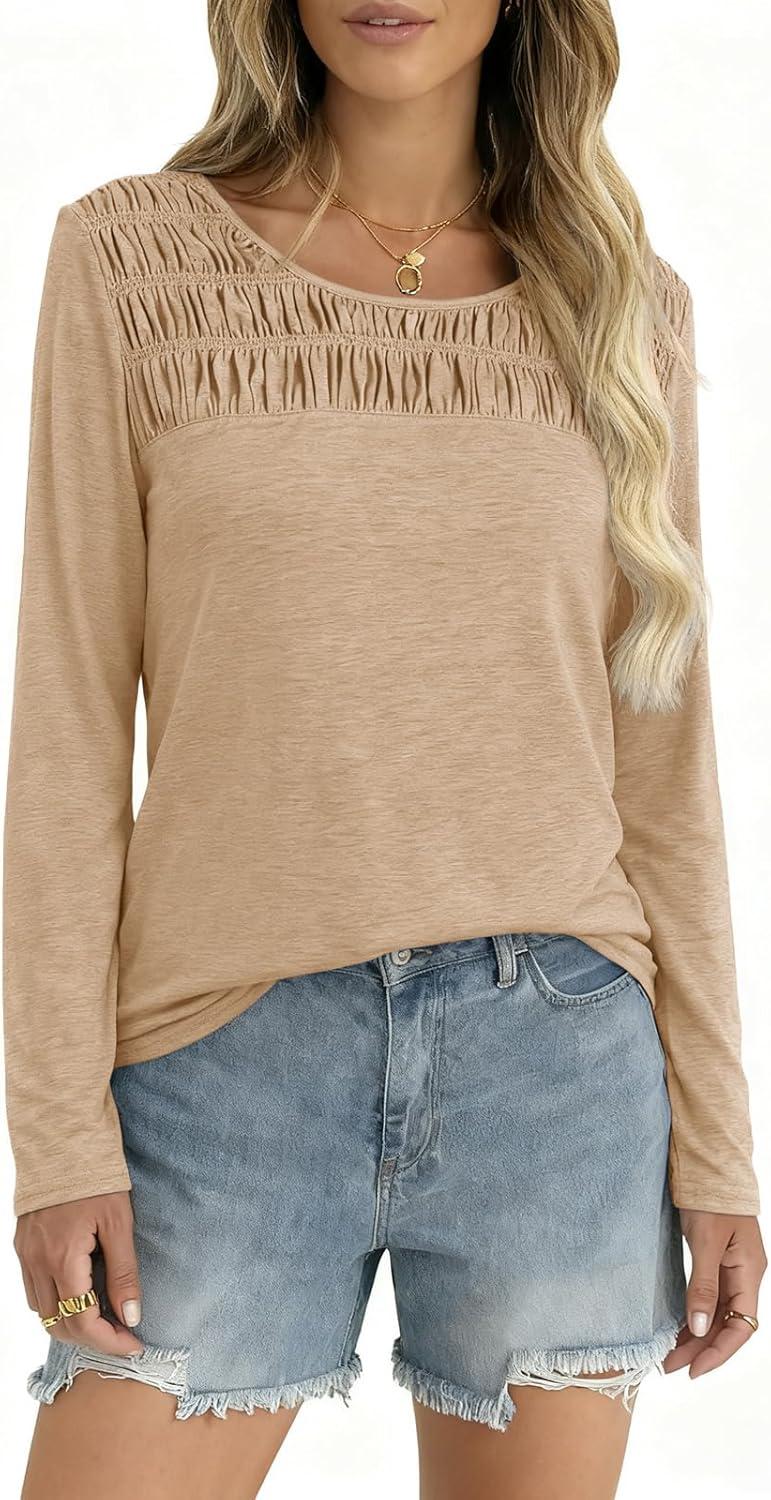 imageTankaneo Womens Smocked Long Sleeve Shirts Casual Crew Neck Curved Hem Tunic Tops Loose Fit Basic TeeKhaki