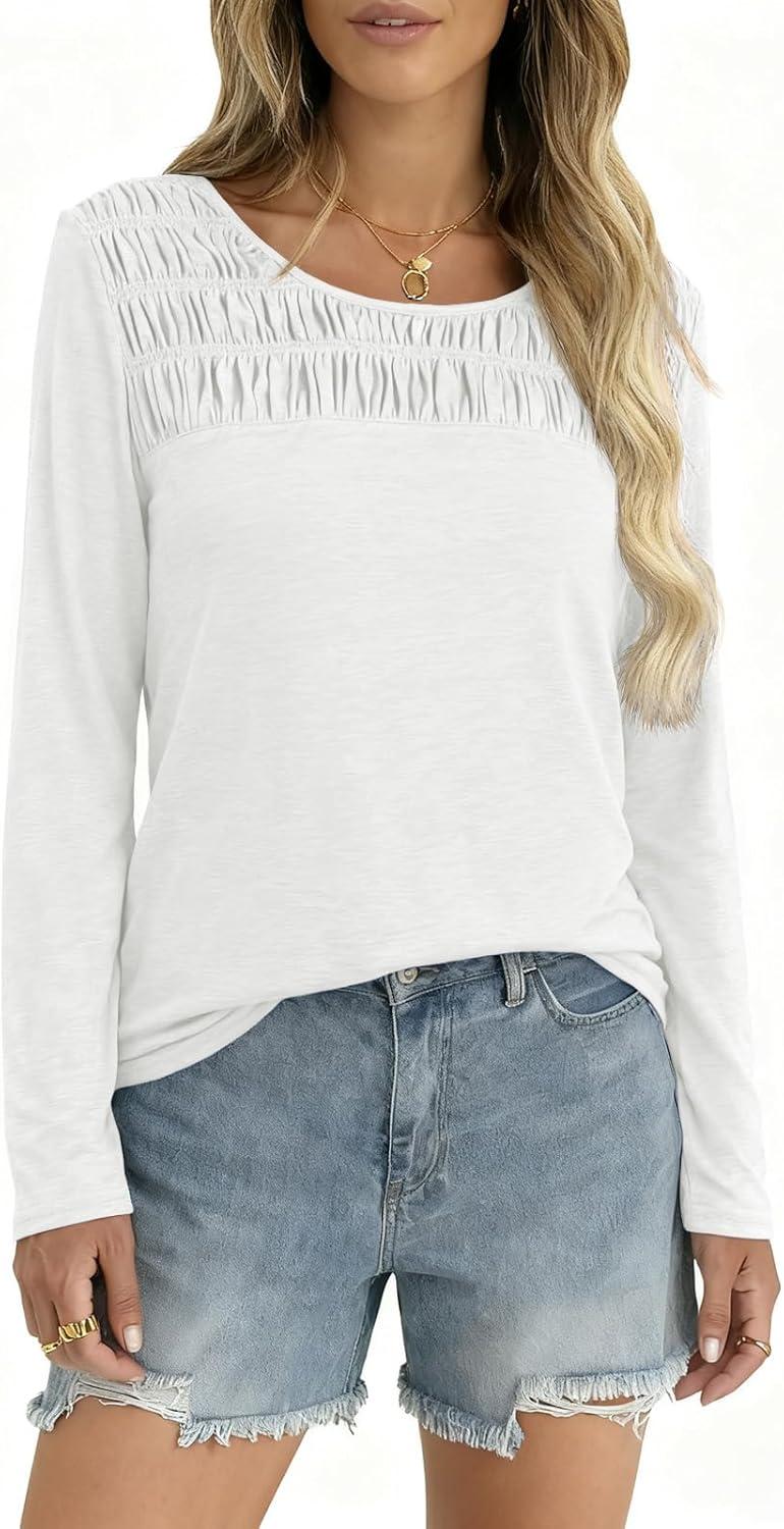 imageTankaneo Womens Smocked Long Sleeve Shirts Casual Crew Neck Curved Hem Tunic Tops Loose Fit Basic TeeWhite