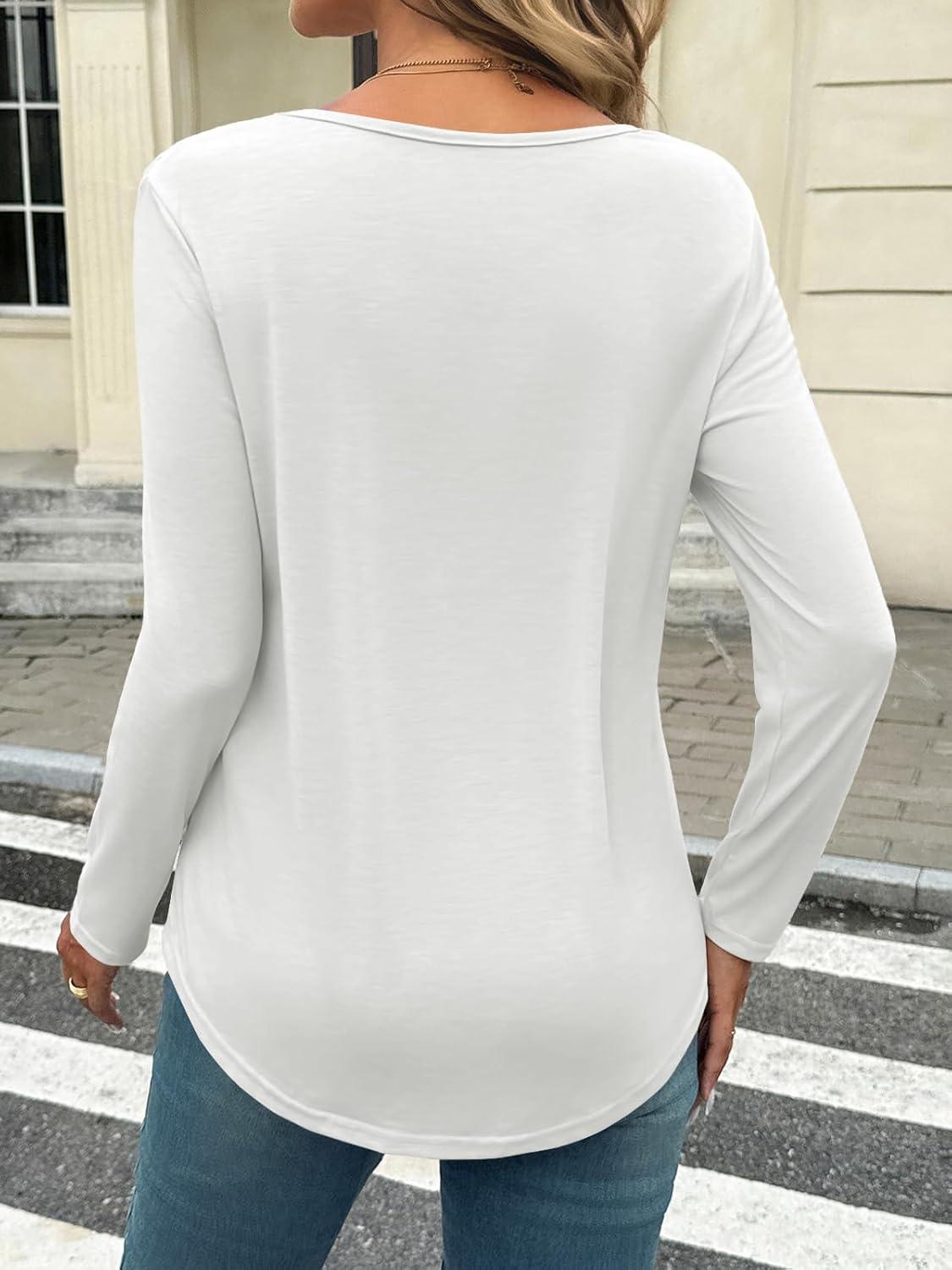 imageTankaneo Womens Smocked Long Sleeve Shirts Casual Crew Neck Curved Hem Tunic Tops Loose Fit Basic TeeWhite