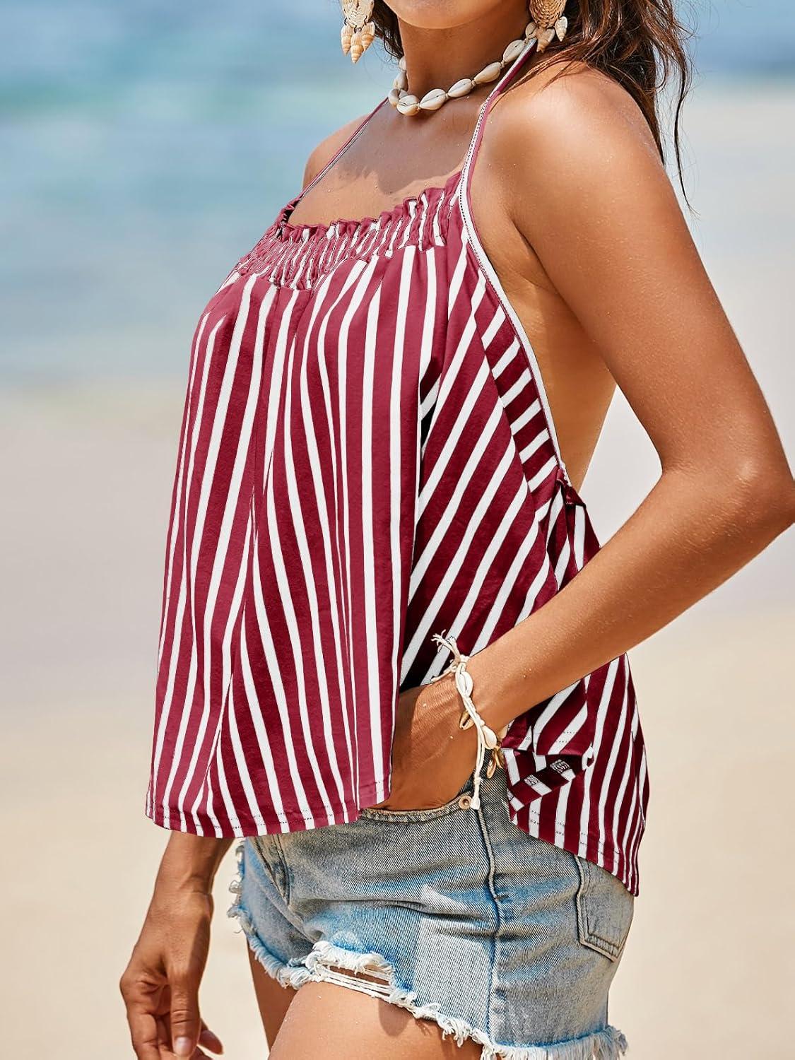imageTankaneo Womens Striped Halter Camisole Tank Tops Vacation Open Back Crop Tops Flowy Pleated Y2k TshirtsWine Red