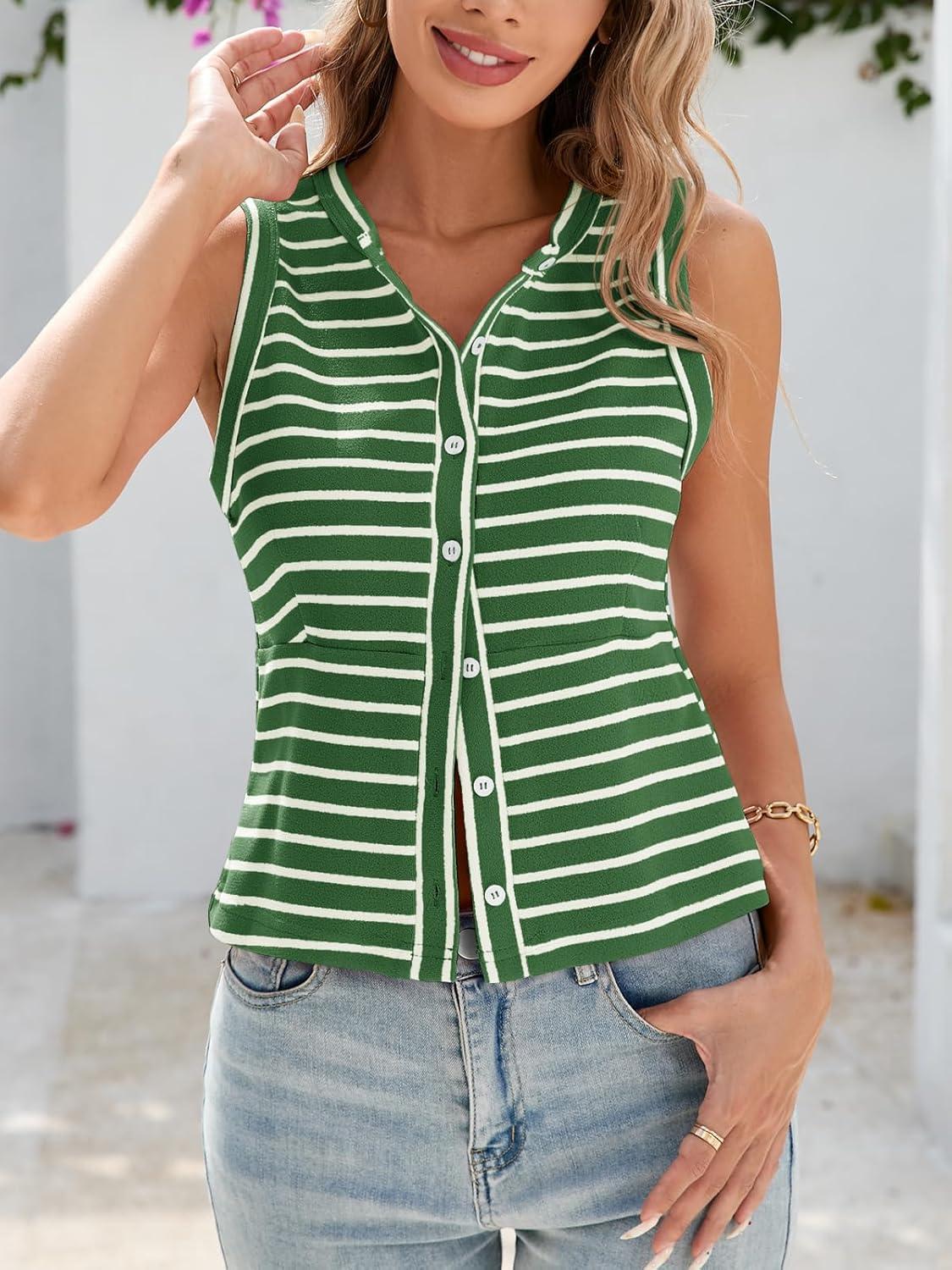 imageTankaneo Womens Striped Trendy Vest Button Down Slim Fit Tank Tops Y2k Going Out Sleeveless Cropped T ShirtsGreen