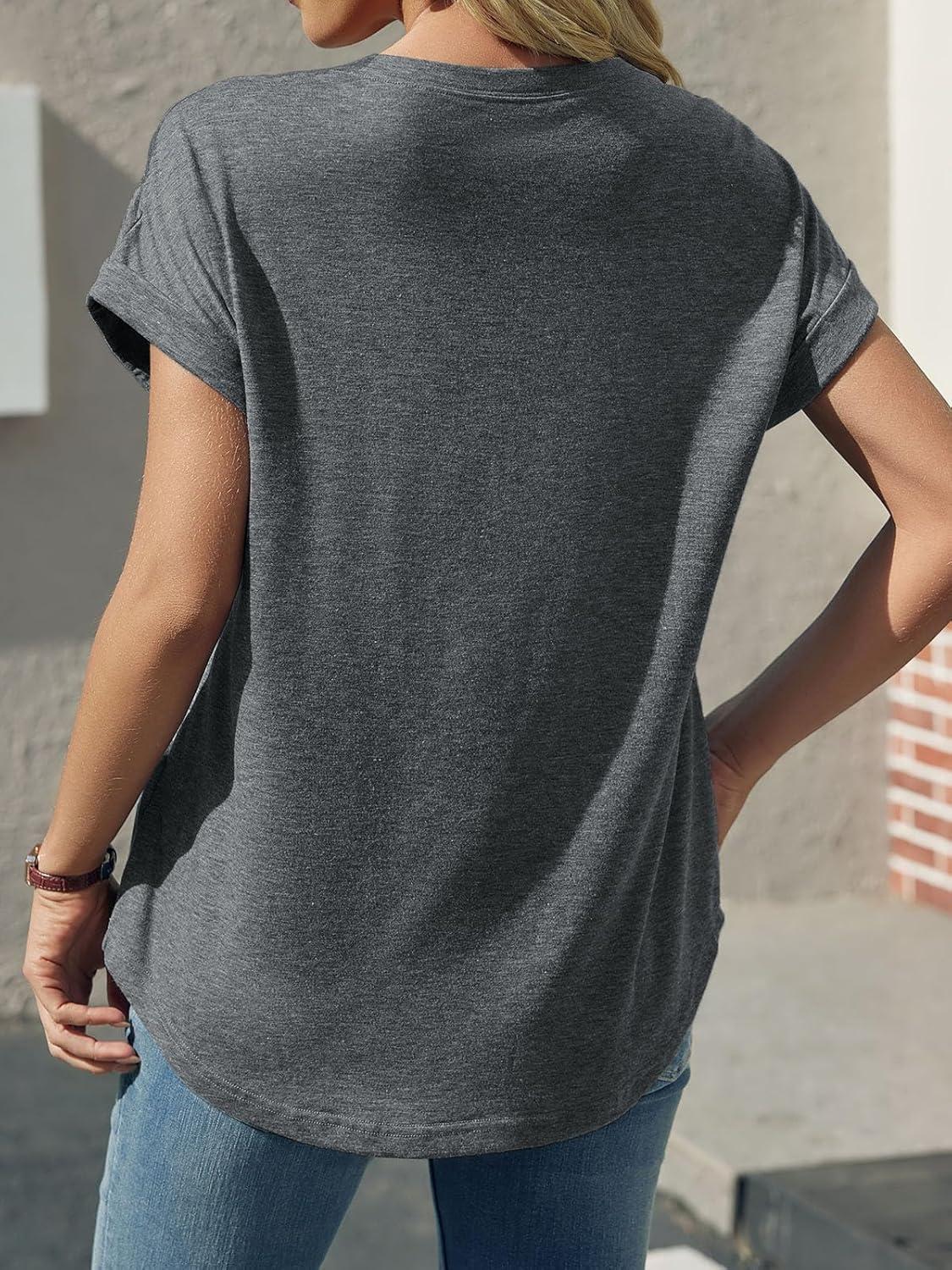 imageTankaneo Womens Summer Cap Short Sleeve TShirts Casual Round Neck Tunic Tops Loose Fit Basic Tees with PocketGrey