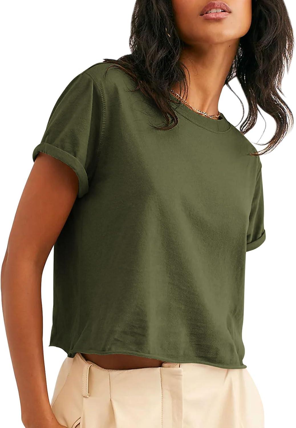 imageTankaneo Womens Summer Crop Tops Trendy 2025 Short Sleeve Crewneck Tee Casual Cute Workout Cropped T Shirts Basic TopArmy Green