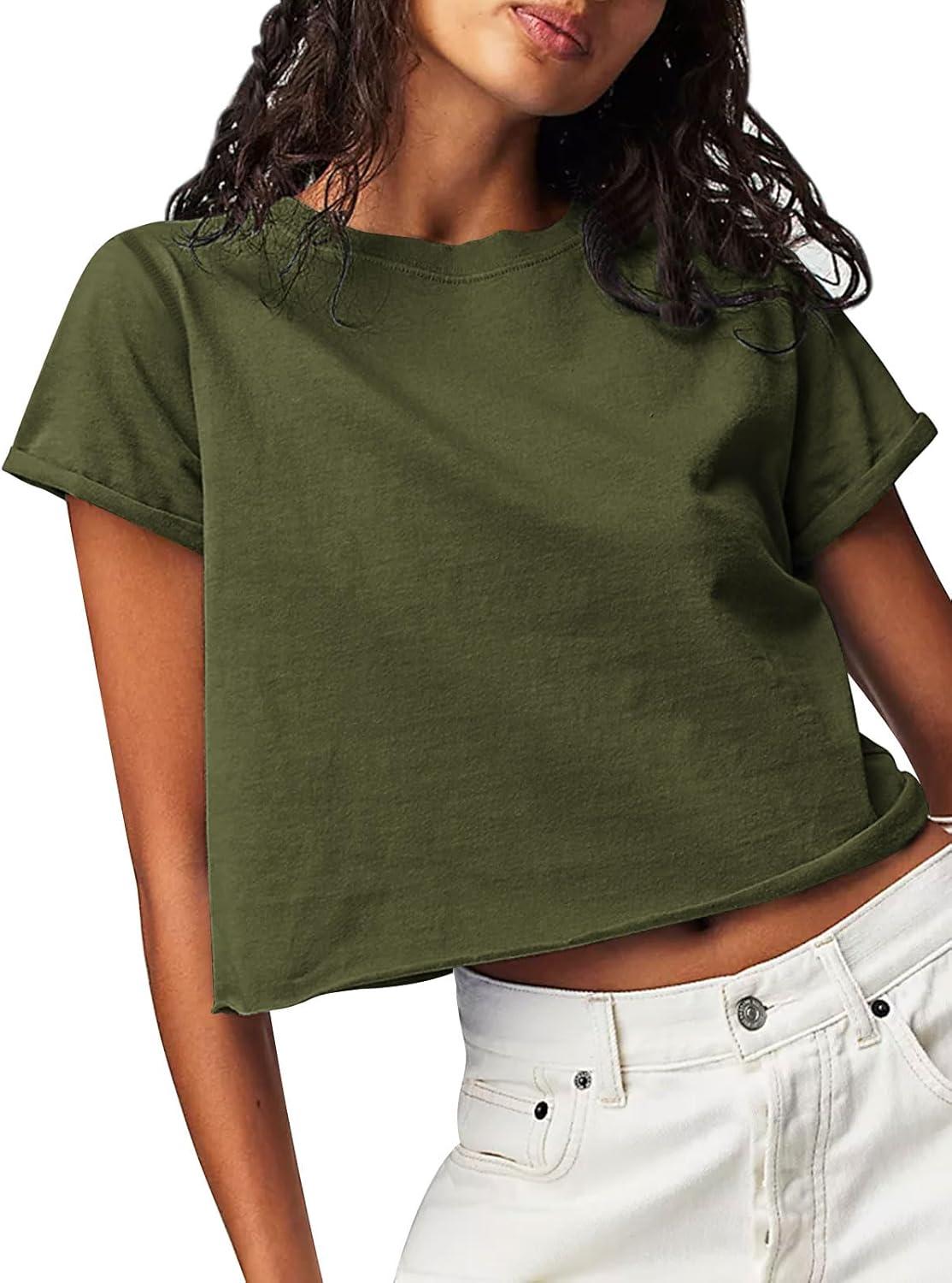 imageTankaneo Womens Summer Crop Tops Trendy 2025 Short Sleeve Crewneck Tee Casual Cute Workout Cropped T Shirts Basic TopArmy Green