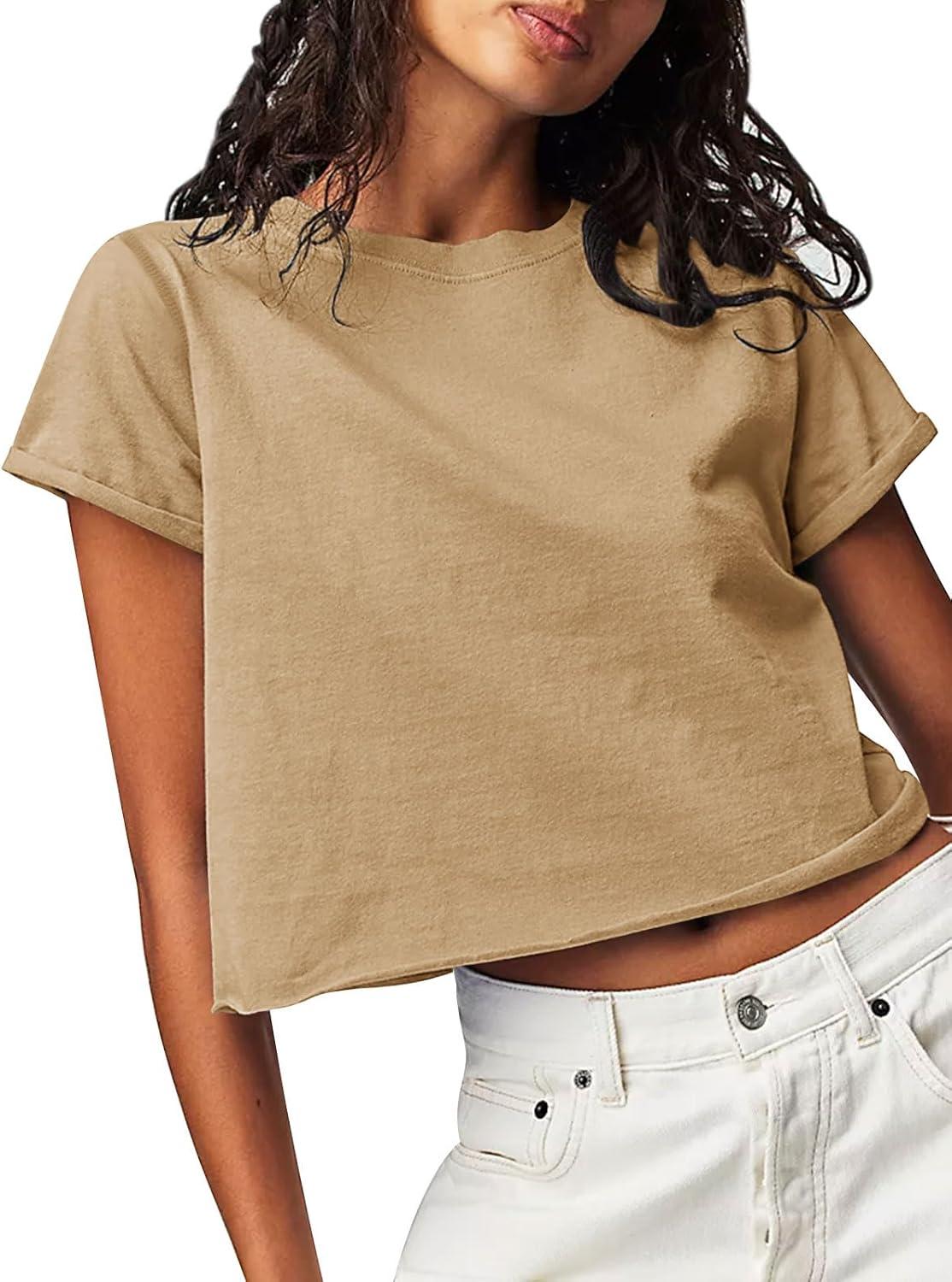 imageTankaneo Womens Summer Crop Tops Trendy 2025 Short Sleeve Crewneck Tee Casual Cute Workout Cropped T Shirts Basic TopKhaki