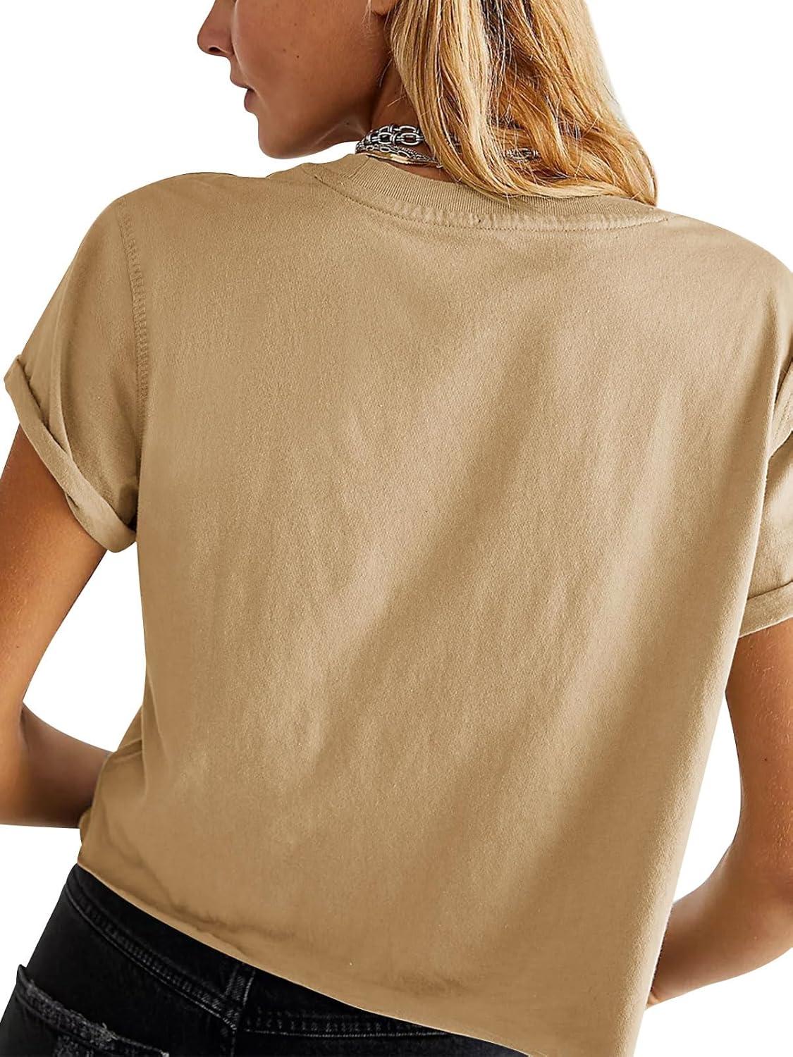 imageTankaneo Womens Summer Crop Tops Trendy 2025 Short Sleeve Crewneck Tee Casual Cute Workout Cropped T Shirts Basic TopKhaki