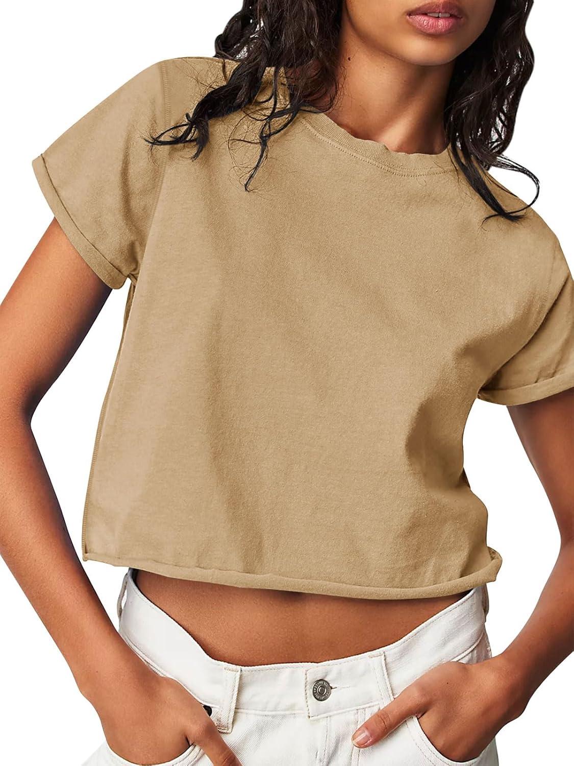 imageTankaneo Womens Summer Crop Tops Trendy 2025 Short Sleeve Crewneck Tee Casual Cute Workout Cropped T Shirts Basic TopKhaki