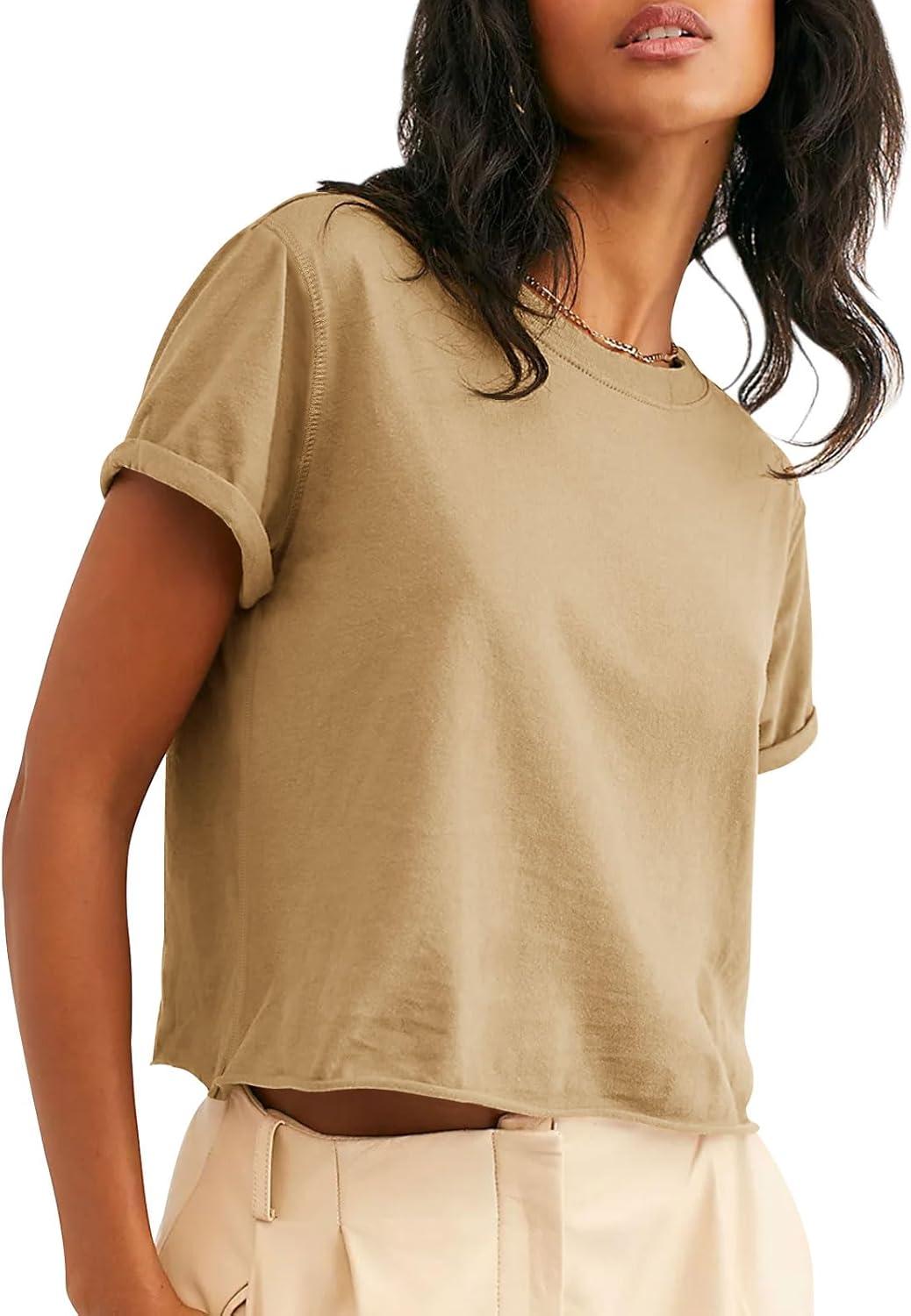 imageTankaneo Womens Summer Crop Tops Trendy 2025 Short Sleeve Crewneck Tee Casual Cute Workout Cropped T Shirts Basic TopKhaki