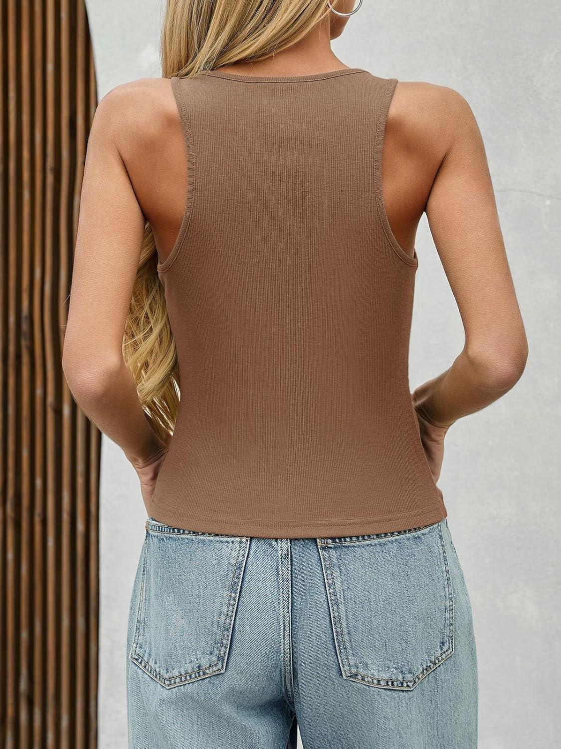 imageTankaneo Womens Summer Scoop Neck Tank Tops Workout Ribbed Knit Sleeveless Shirts Casual Slim Fit T ShirtsBrown