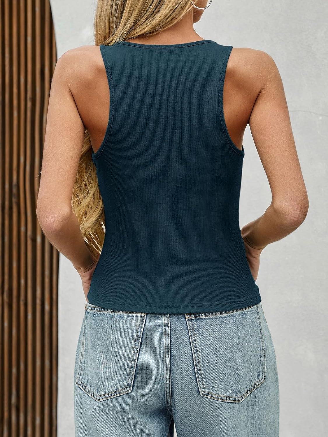 imageTankaneo Womens Summer Scoop Neck Tank Tops Workout Ribbed Knit Sleeveless Shirts Casual Slim Fit T ShirtsNavy Blue