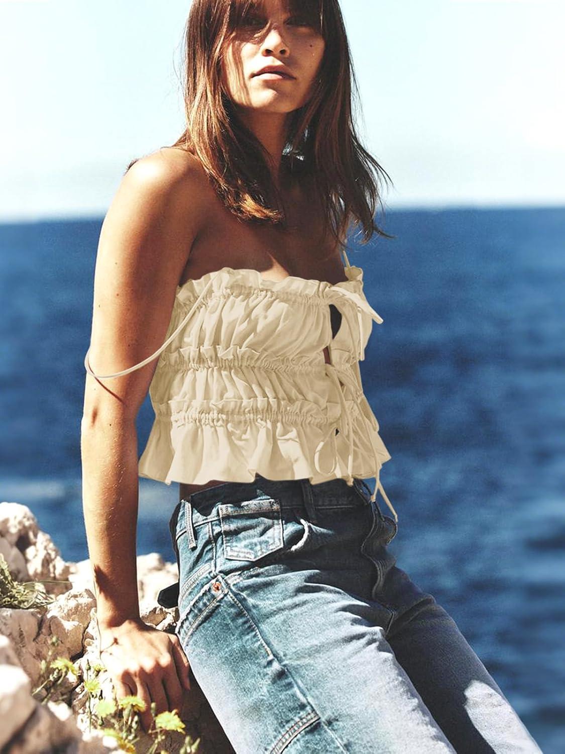 imageTankaneo Womens Summer Tie Front Crop Tops Cute Ruffle Ruched Spaghetti Strap Tank Tops Y2K Going Out ShirtsBeige
