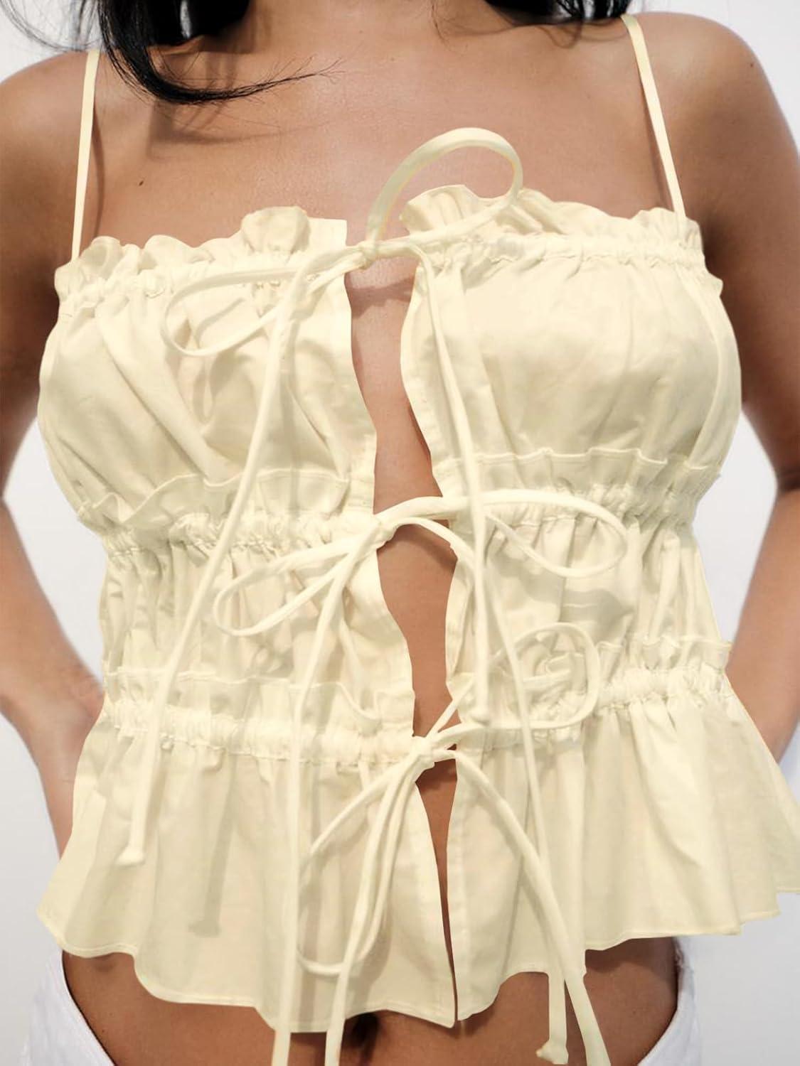 imageTankaneo Womens Summer Tie Front Crop Tops Cute Ruffle Ruched Spaghetti Strap Tank Tops Y2K Going Out ShirtsBeige