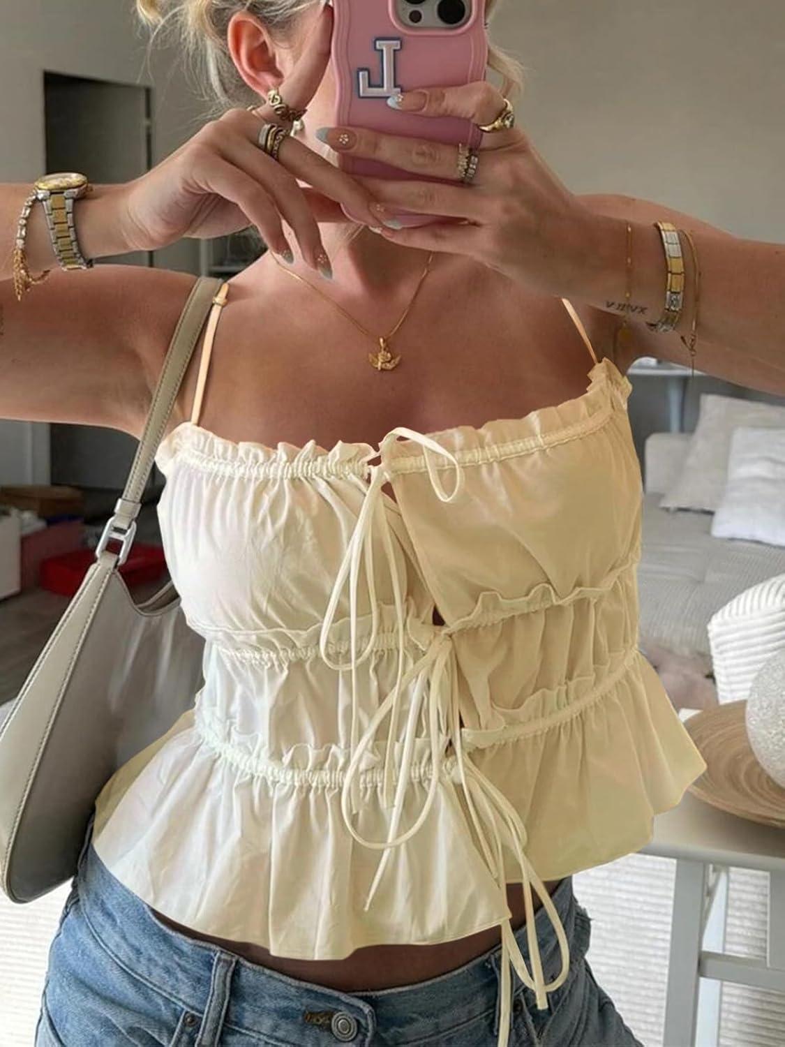 imageTankaneo Womens Summer Tie Front Crop Tops Cute Ruffle Ruched Spaghetti Strap Tank Tops Y2K Going Out ShirtsBeige